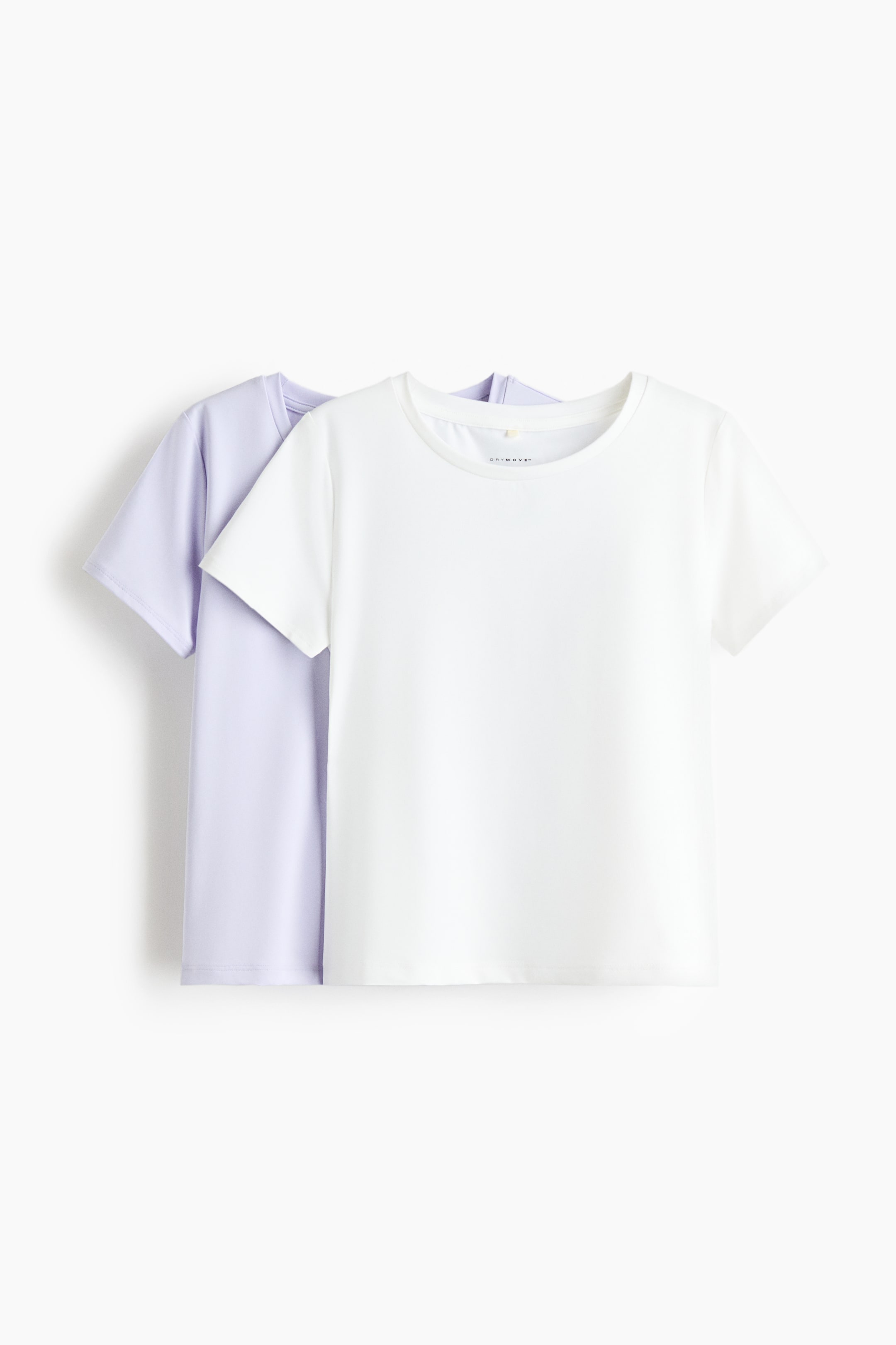 View larger image: Presenting a 2-pack of DryMove? sports tops, featuring a white short-sleeved top placed in front of a light purple short-sleeved top. Both tops showcase a crew neck, short sleeves, smooth fabric, and the DryMove? label is prominently visible on the inner collar of the white top.