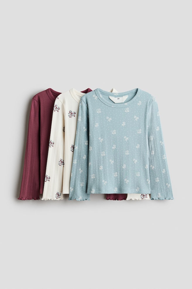 Lot de 3 tops côtelés - Turquoise ancien/fleuri/Beige/imprimé léopard - 1