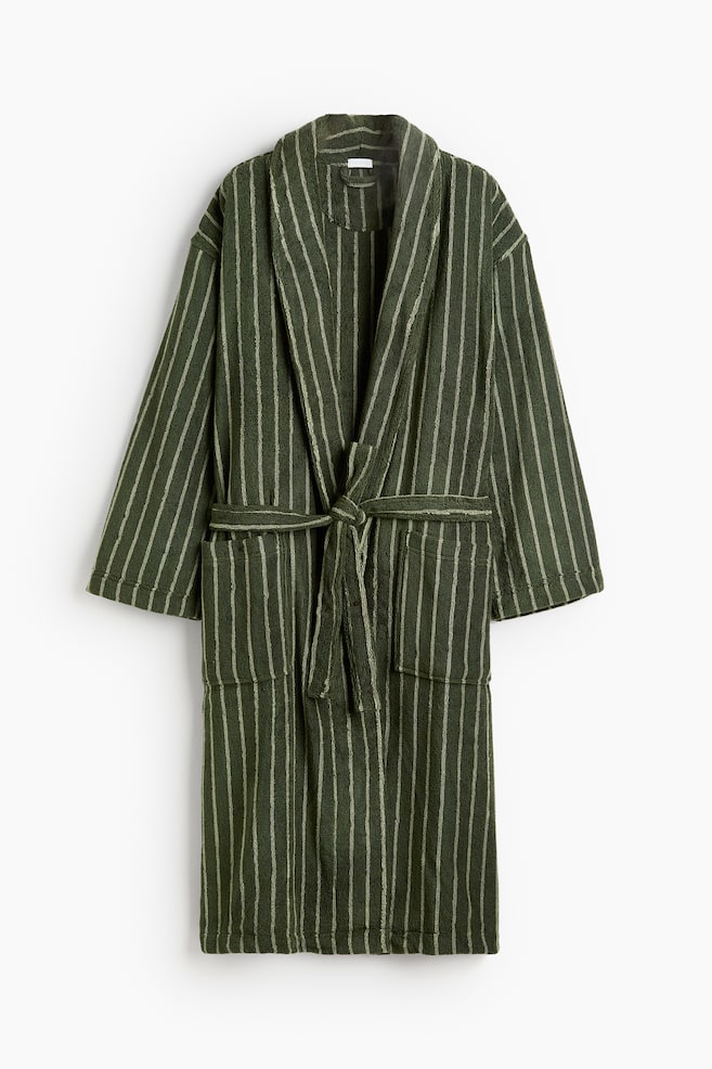 Cotton Terry Bathrobe - Dark green/light green striped/Light gray/blue striped/White/striped - 1