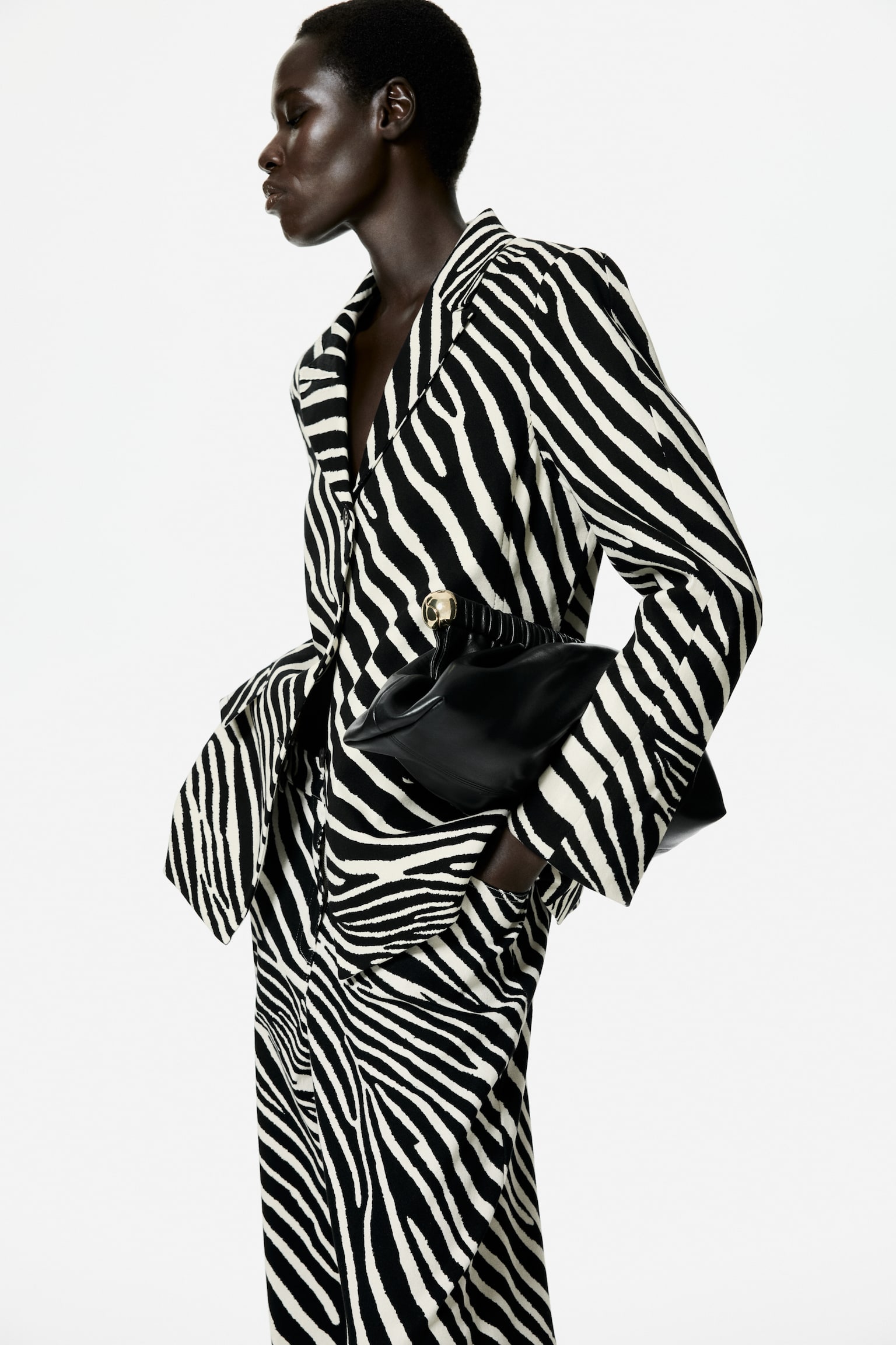 Однобортний саржевий блейзер - Білий/зебровий принт - 6