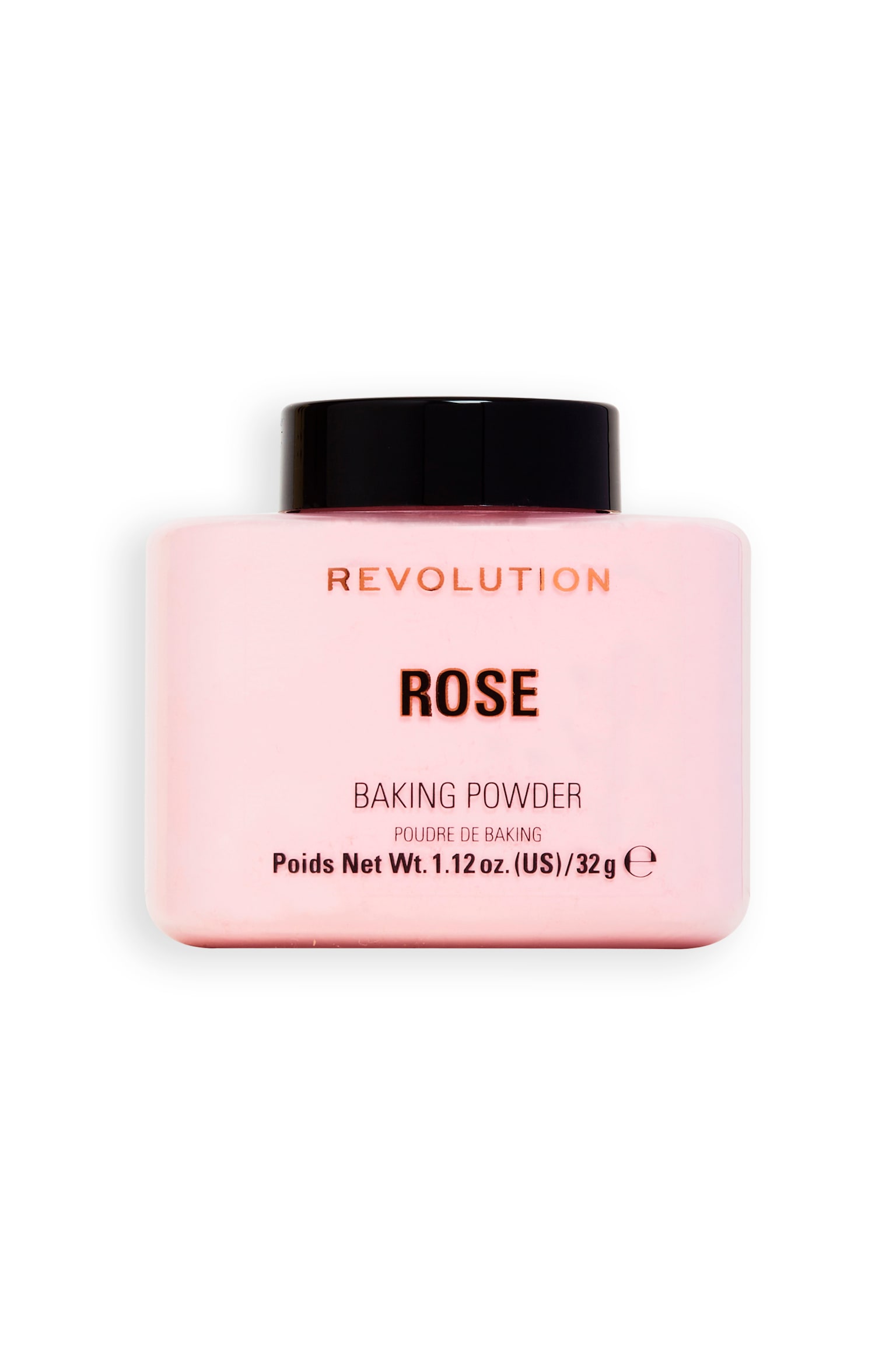 Eine Flasche Revolution Rose Baking Powder steht aufrecht und ist nach vorne ausgerichtet, wodurch ihr hellrosa, rechteckiger Behälter mit abgerundeten Kanten und schwarzem Deckel zur Geltung kommt. Auf der Vorderseite der Flasche ist der Markenname âREVOLUTIONâ in metallisch roségoldener Schrift über âROSEâ und âBAKING POWDERâ in schwarzer Schrift zu sehen. - 1