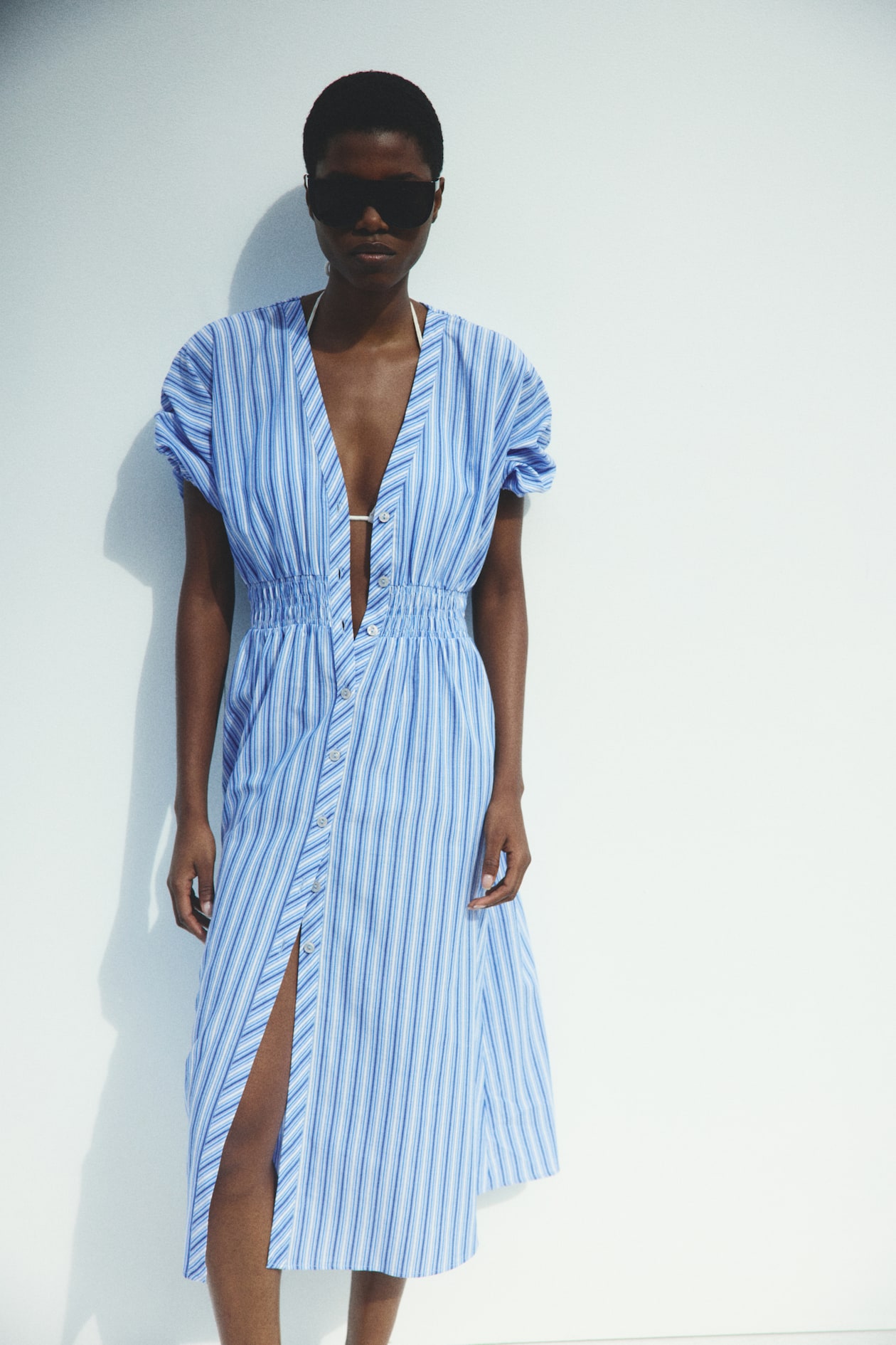 blue striped wrap dress H&M Women's Smocked-waist Button-front - Size:10 AUS Bust 38 cat:Bump Friendly Icons before Instagram: How