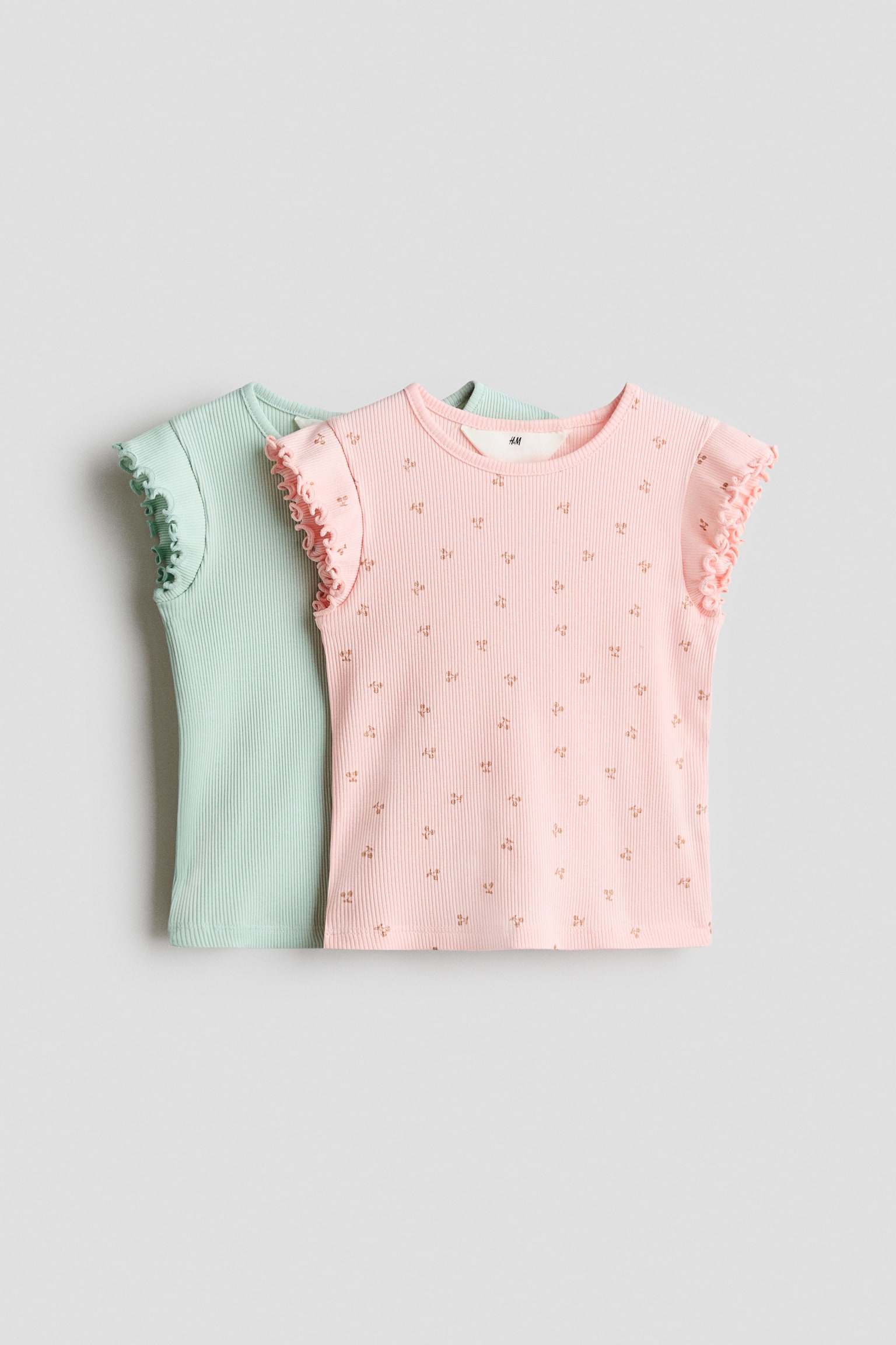 Top in cotone a coste 2 pezzi - Rosa chiaro/fiori/Crema/fiocchi/Azzurro/fiori