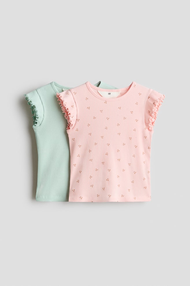 2-pack ribbed cotton tops - Light pink/Floral/Light blue/Floral/Cream/Bows - 1