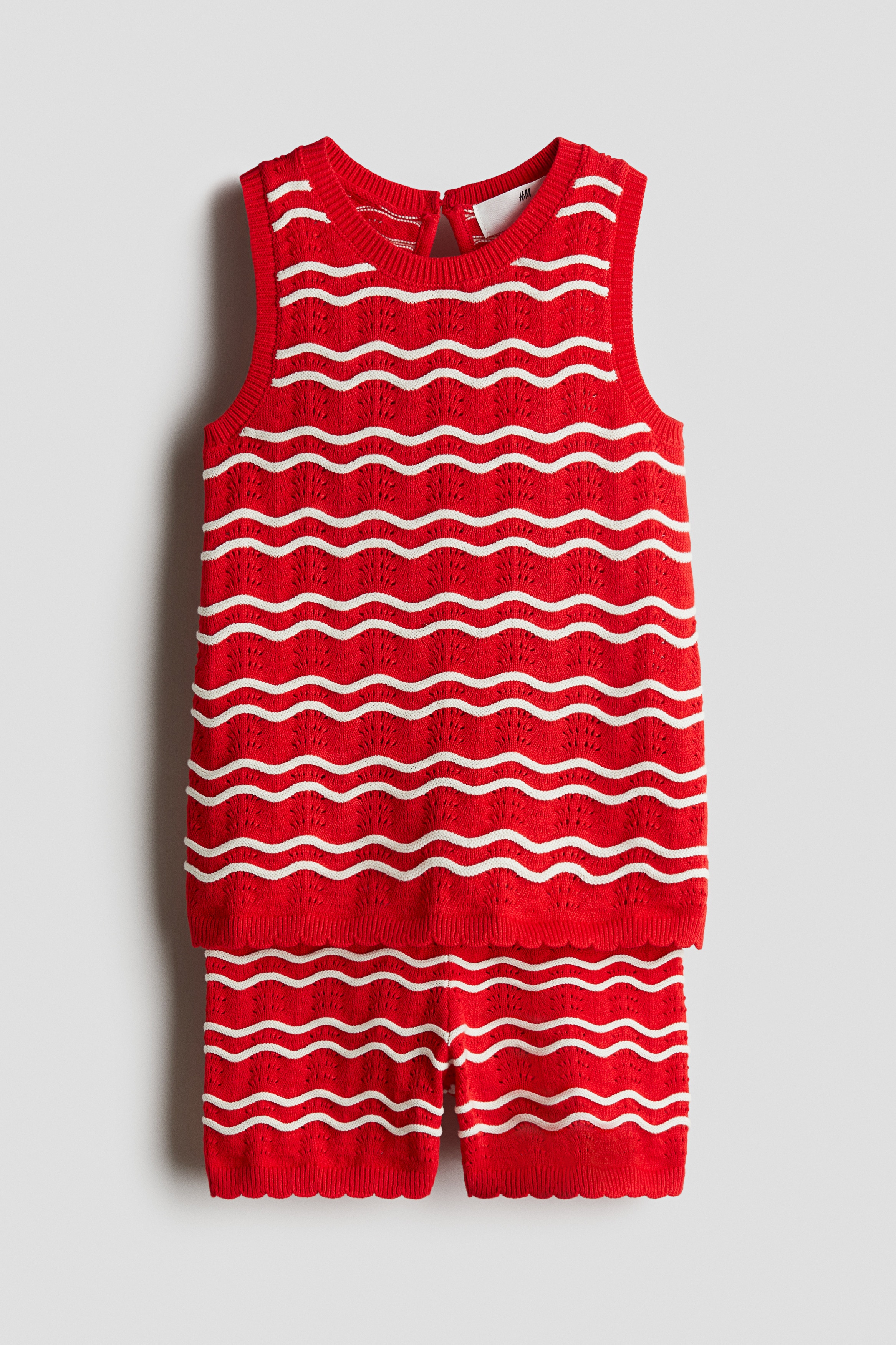 Комплект от две части с ажурна плетка - Червен/Бял, райета/Светлосин/Бял, райета