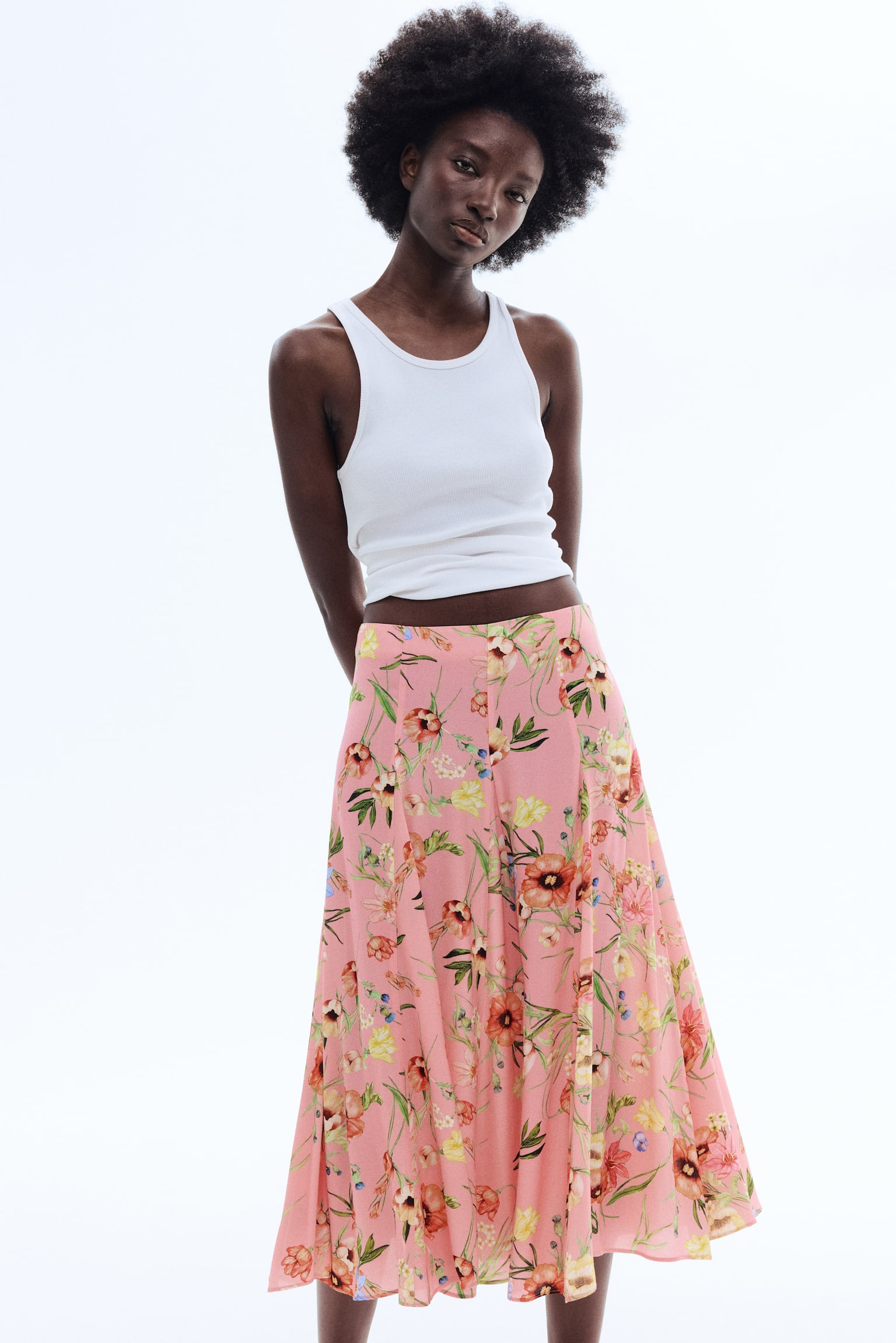 חצאית ויסקוזה עם קפלים - ורוד בהיר/פרחוני - 1