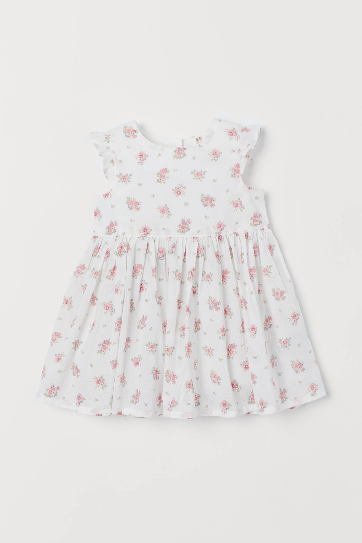 Patterned Cotton Dress - Round Neck - Short sleeve - White/floral ...