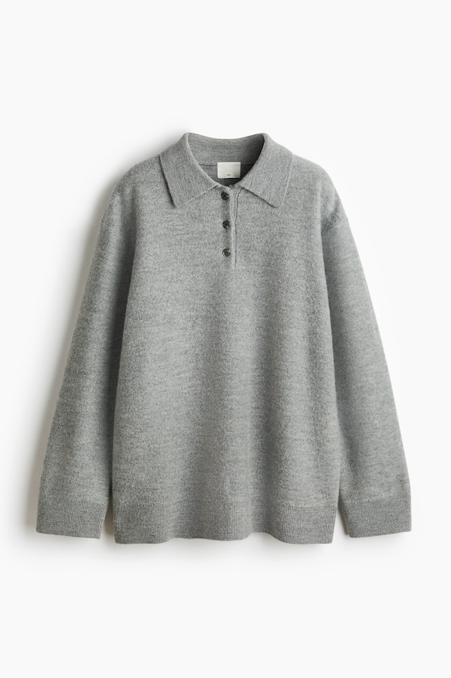 Pullover in lana modello polo - Grigio mélange/Blu navy - 1
