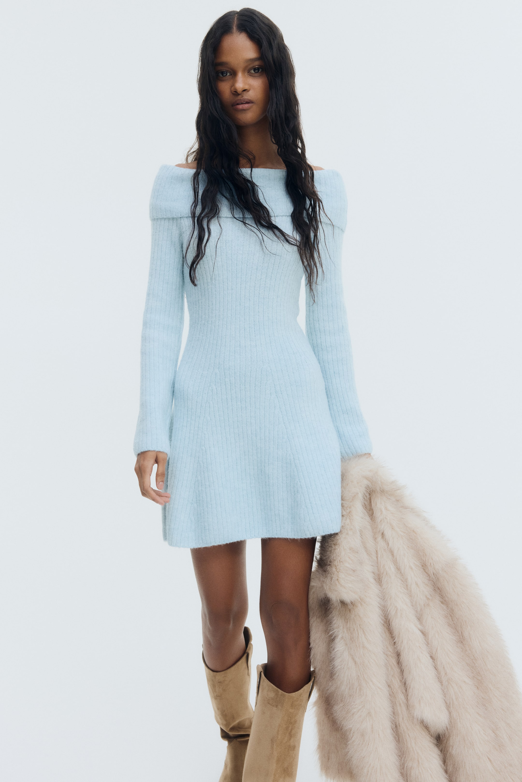 View larger image: Rib-knit off-the-shoulder dress - Light blue marl - Ladies | H&M GB 1