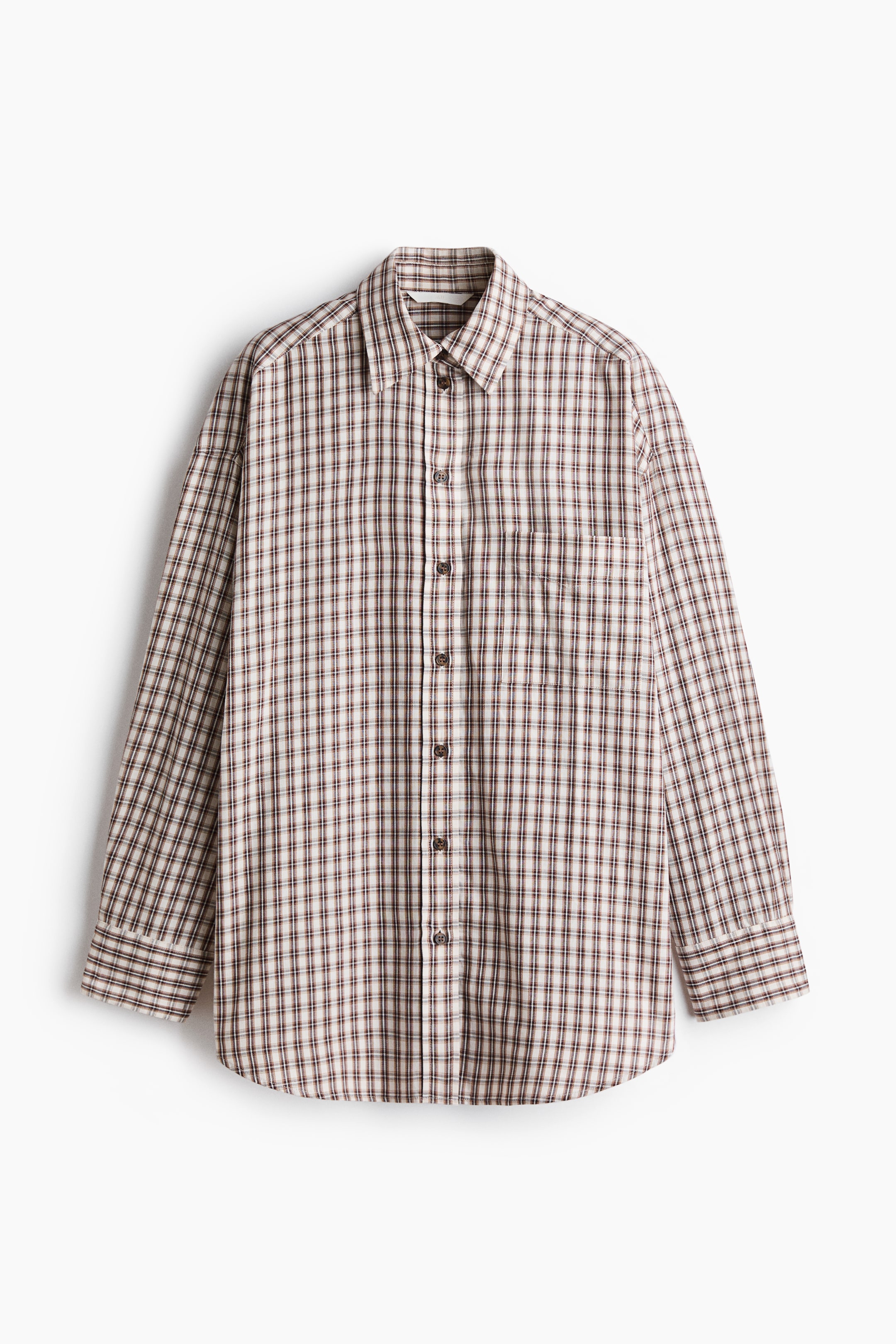 View larger image: A plaid shirt is displaying an off-white, brown, and reddish-brown checked pattern. It features a pointed collar, a brown button-front closure, long sleeves with single-button cuffs, and a single patch pocket on the left chest.