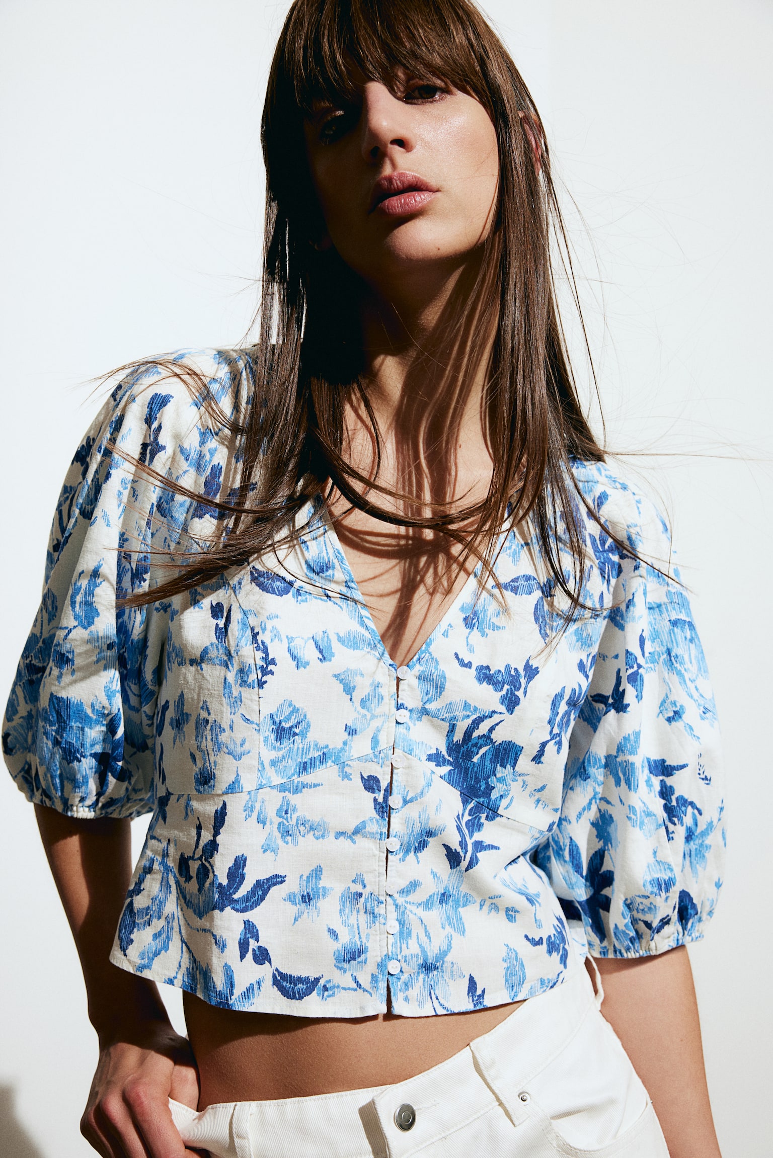 Linen Blend Blouse - White/Blue floral/White/Pattern/White/Blue floral/White - 1