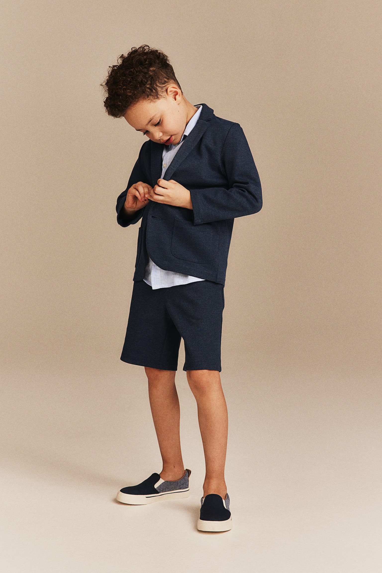 Dressy piqué jacket and shorts set - Navy blue/Light grey marl - 2