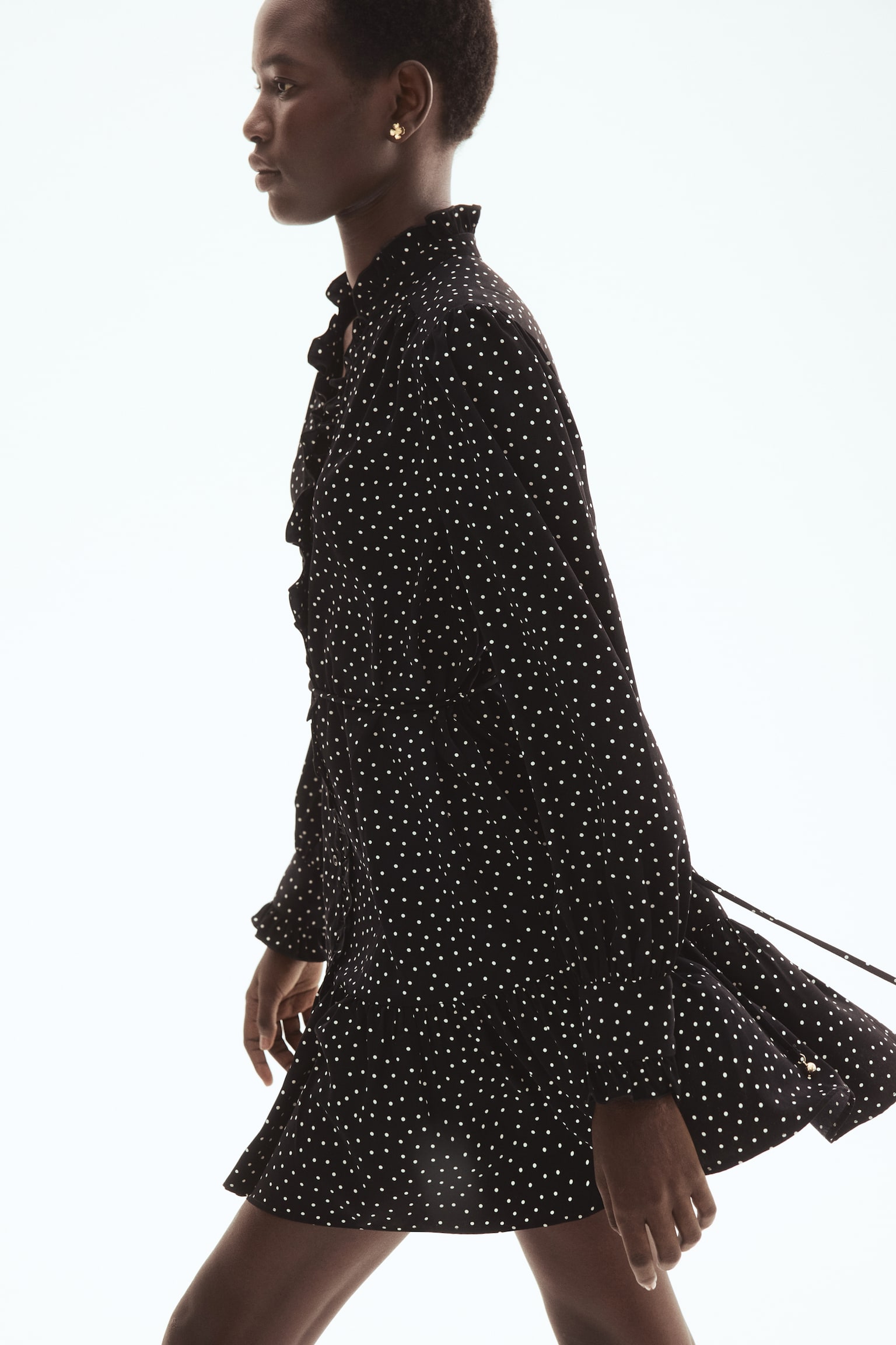 Frill-trimmed dress - Black/Spotted/Dark brown - 6