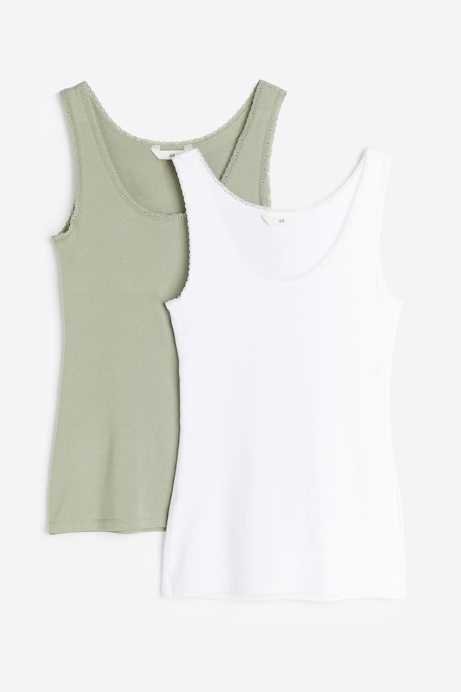 2-pack lace-trimmed vest tops - Light khaki green/White/Black/White/Beige/Black - 2