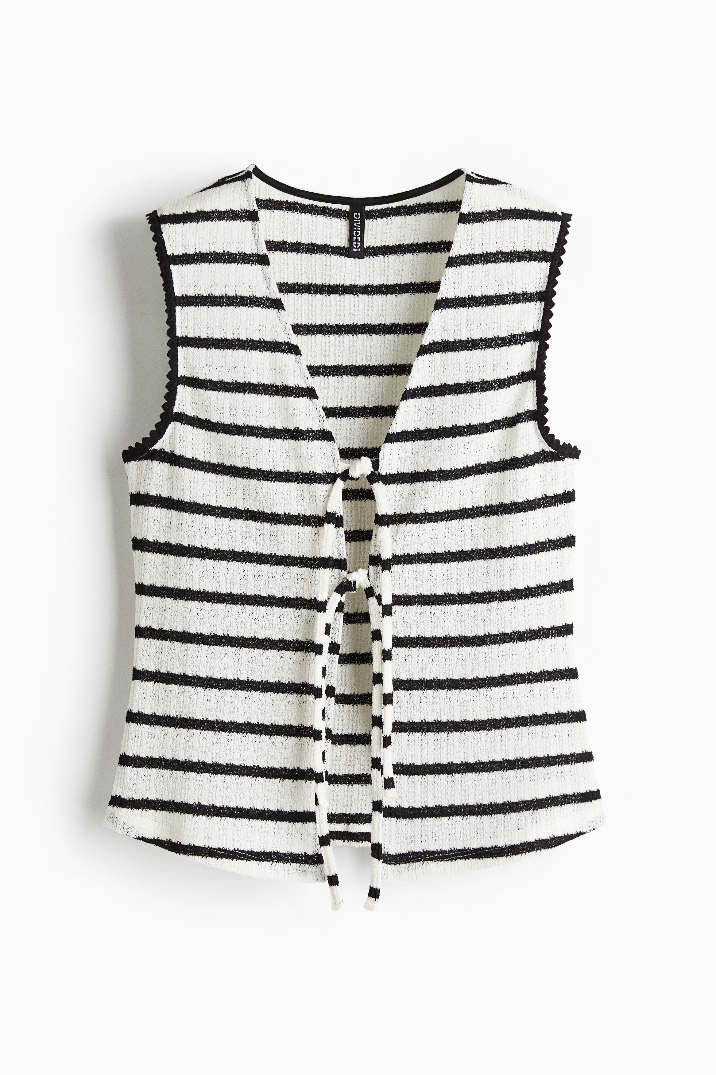Knitted tie-front top - White/Striped/Dark brown/Cream