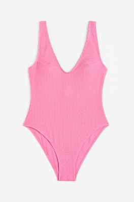 High-leg swimsuit - Deep-plunge neckline - Sleeveless - Pink - Ladies ...