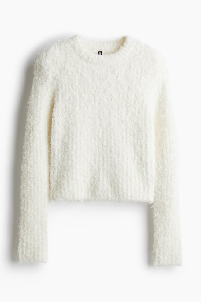 Fluffy Knit Sweater with Shoulder Pads - Cream - 1