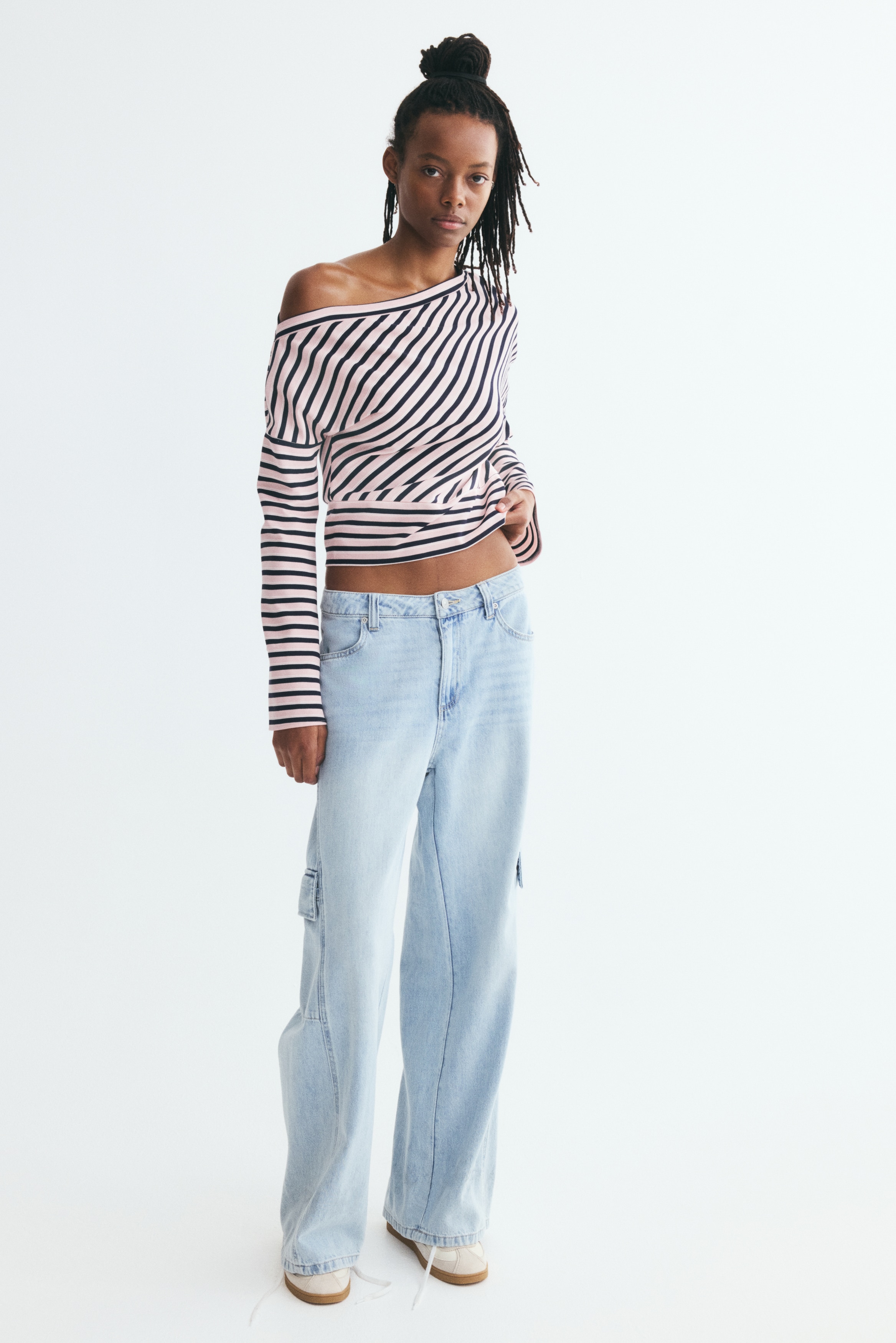 One-shoulder piqué top - Light pink/Striped