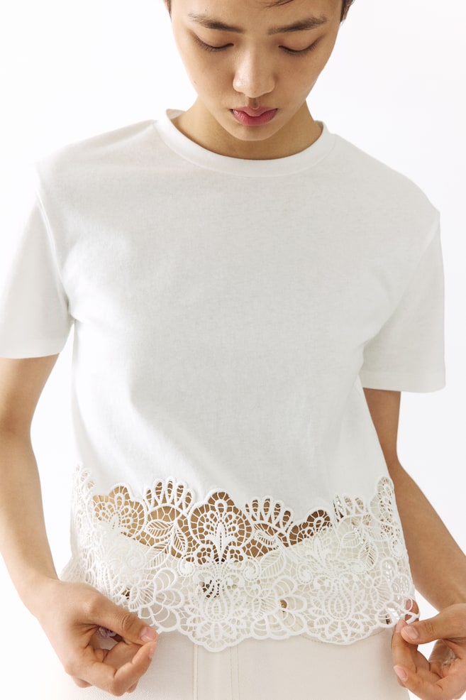 Lace-trimmed T-shirt-White - 6