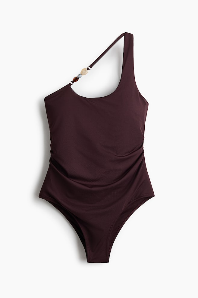 Padded-cup one-shoulder swimsuit - Dark brown - 1