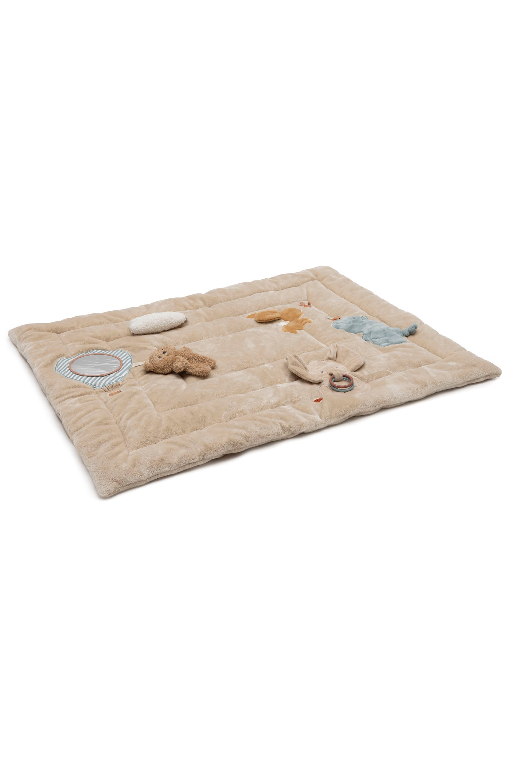 Eine weiche, gepolsterte beige Baby-Spielmatte mit gesteppter Optik und sanft vernähten Rändern. Sie zeigt verschiedene erhabene Tierapplikationen, darunter ein hellblaues Nilpferd, ein braunes Kaninchen und einen plüschigen Elefantenkopf, der einen roten BeiÃring hält.