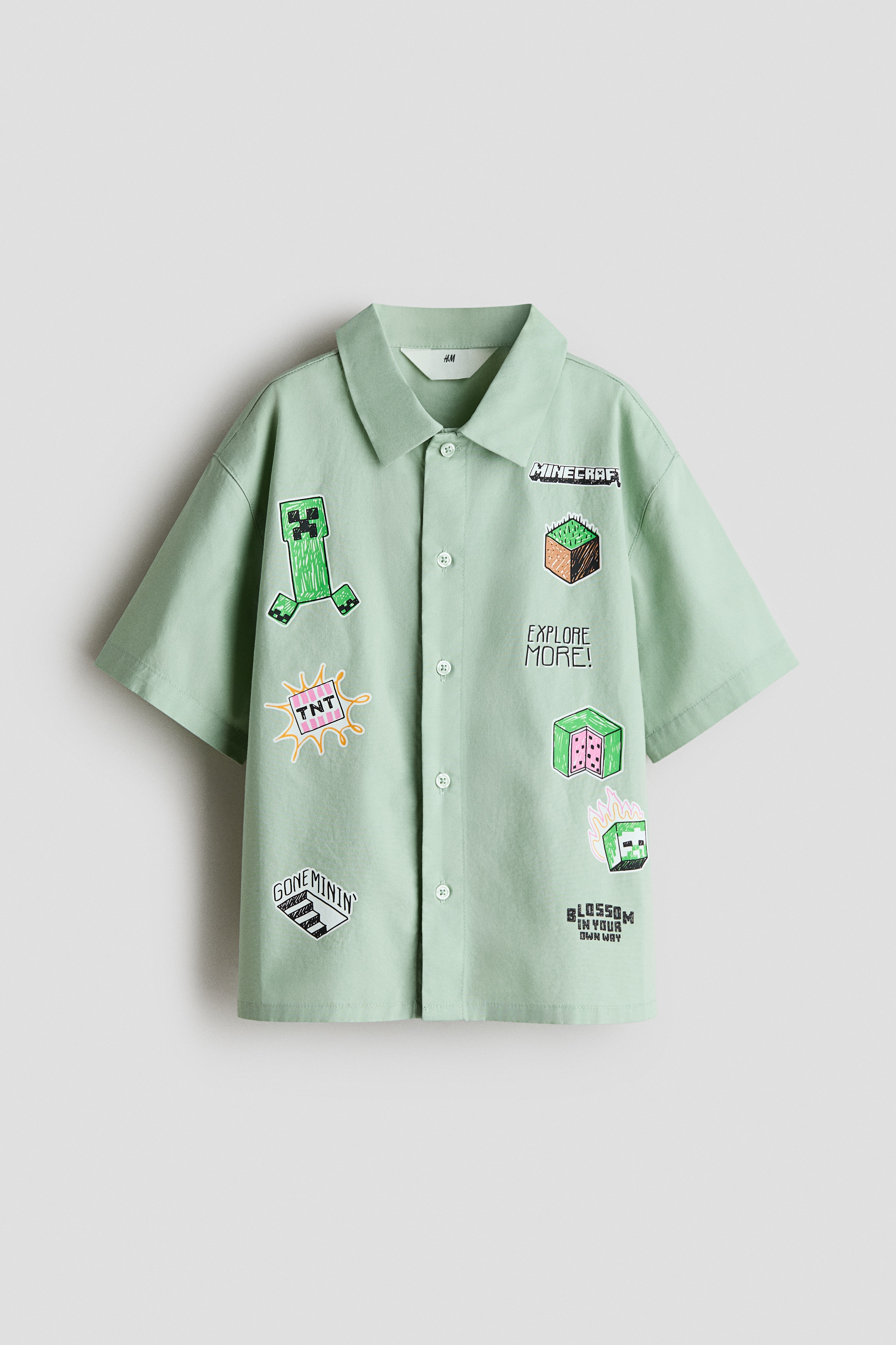 Áo sơ mi cotton in hình - Màu xanh lá nhạt/Minecraft/Màu trắng/Minecraft