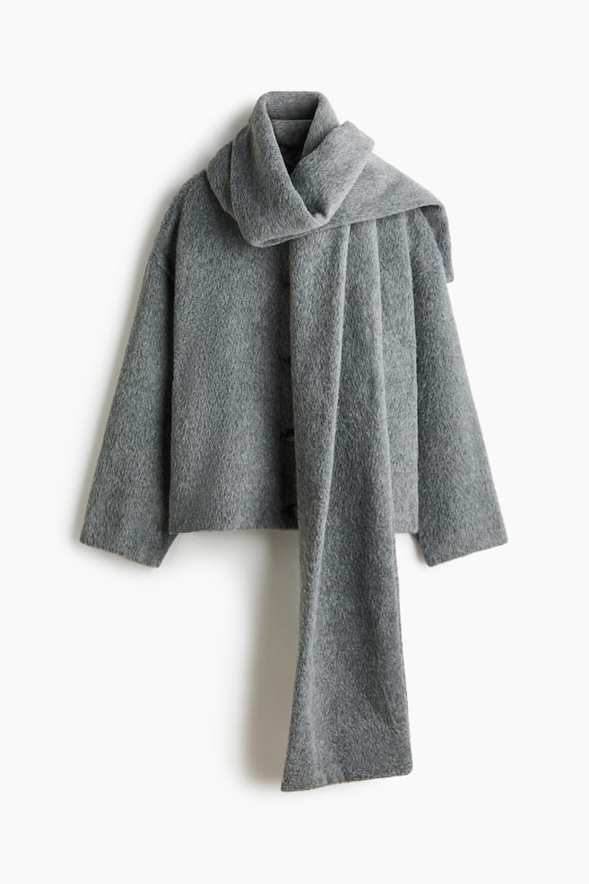 Brushed Jacket with Scarf - Gray/Navy blue/plaid - 1