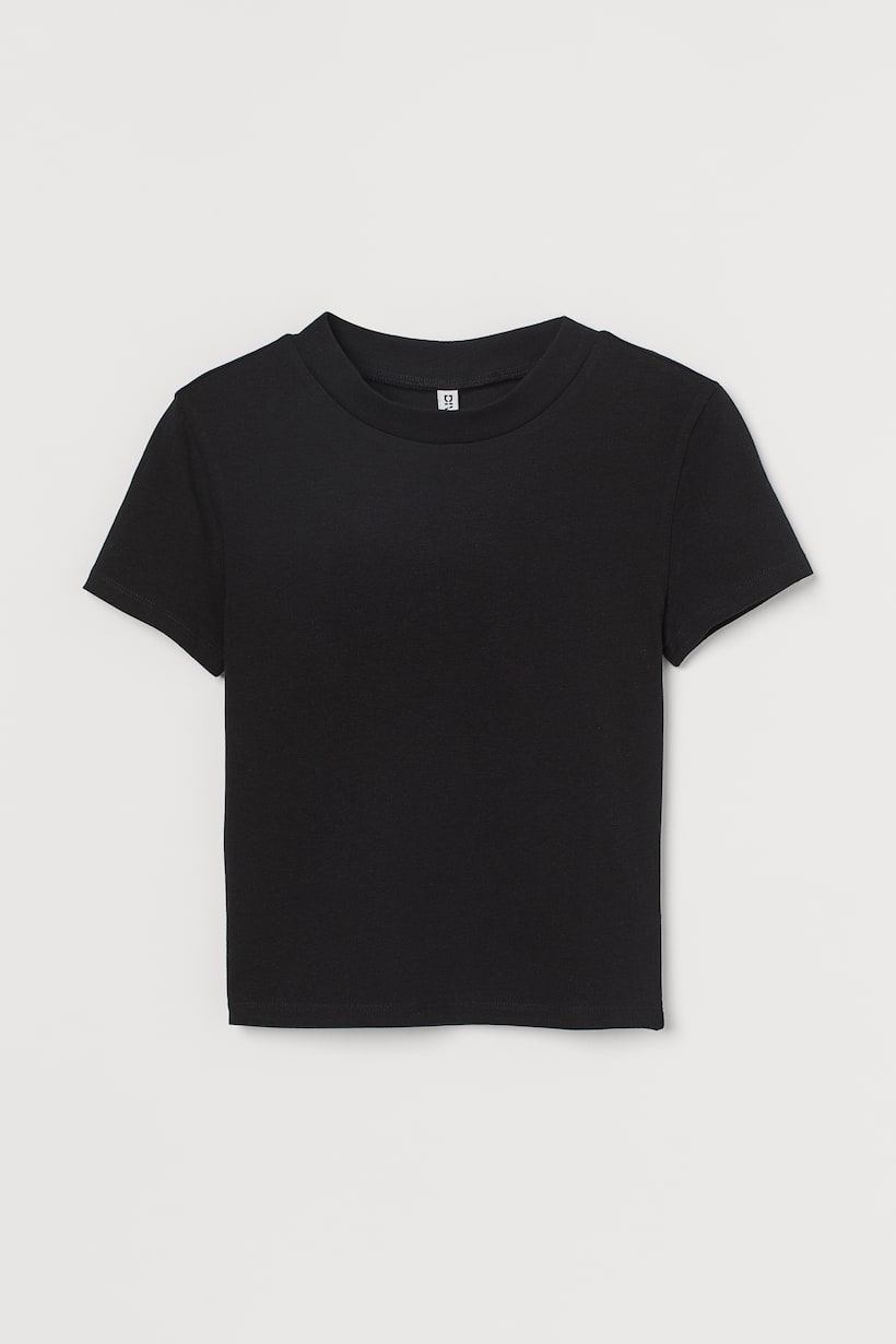 Crop Top - Round Neck - Short sleeve - Black - Ladies | H&M US