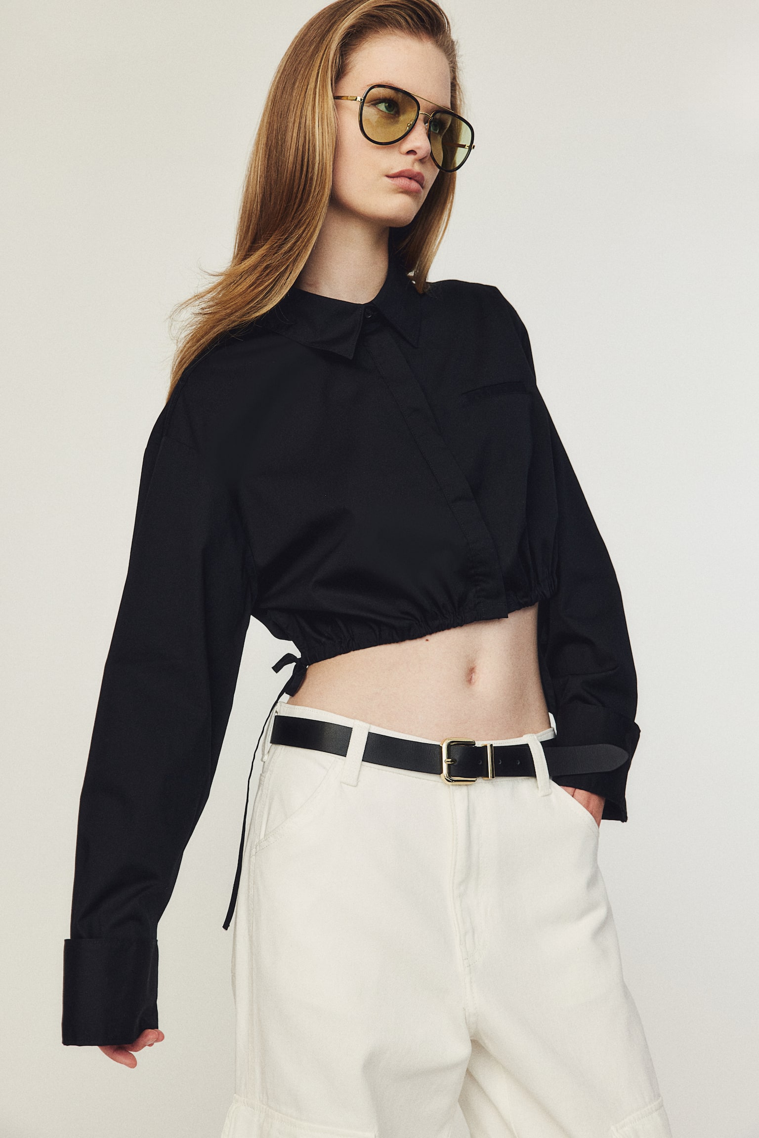 Cropped drawstring-detail shirt - Black/White - 1