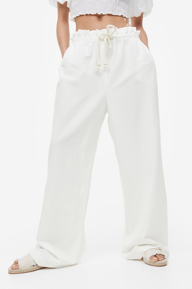 Wide linen-blend trousers - Cream - 5