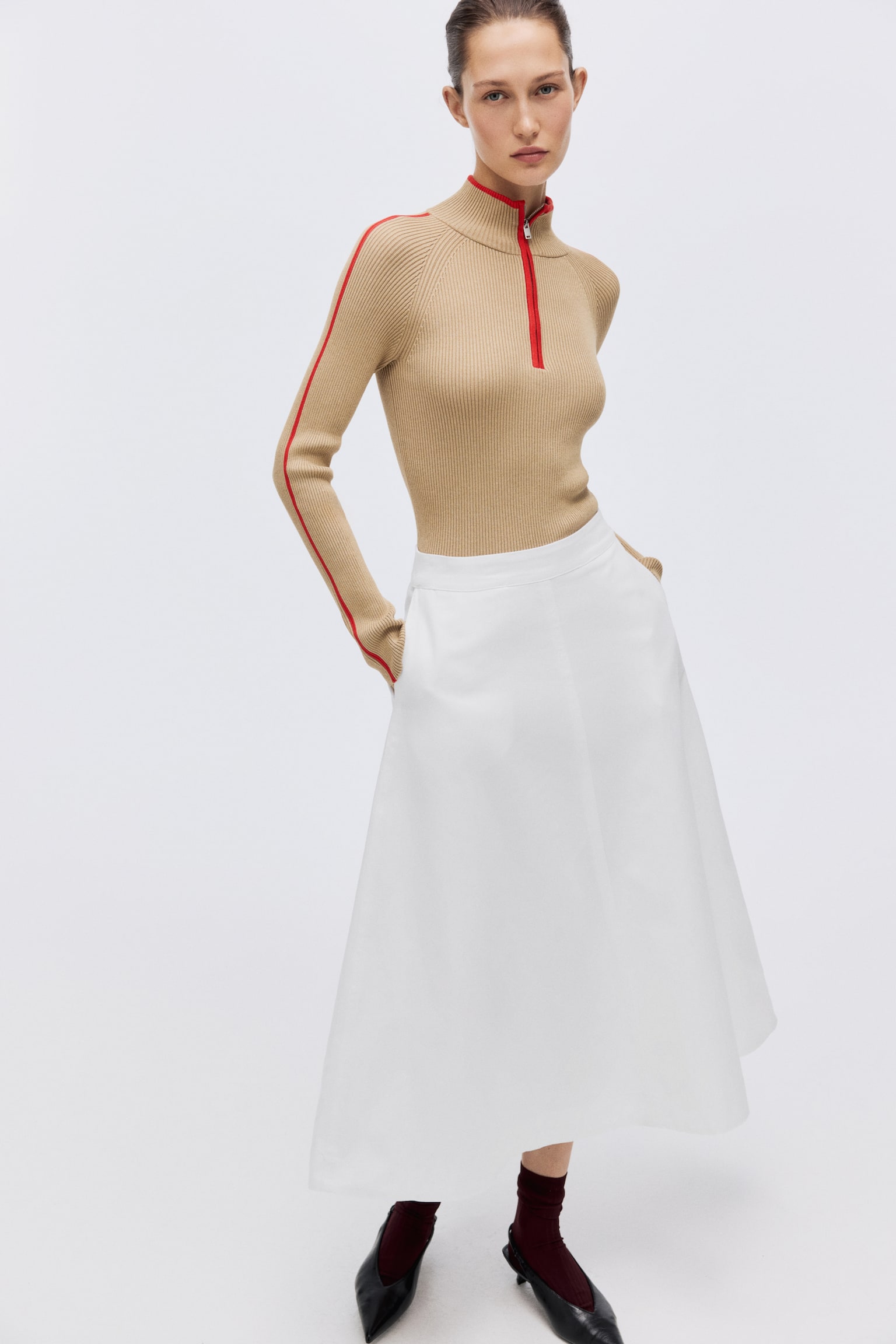 Cotton twill midi skirt - White - 1