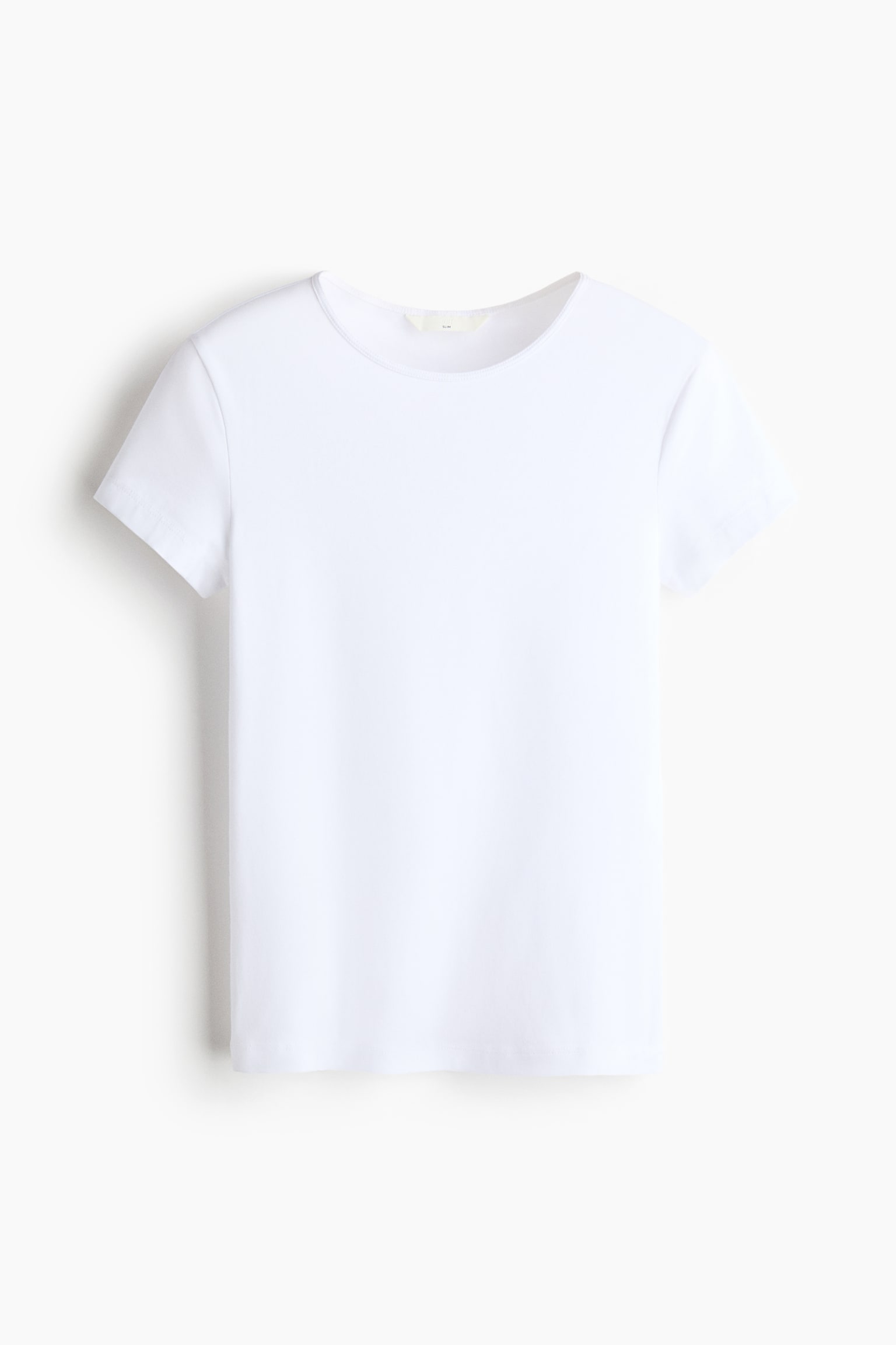 A fitted white cotton jersey T-shirt is shown from the front, featuring a round neckline, short sleeves, and a straight-cut hem. - 1