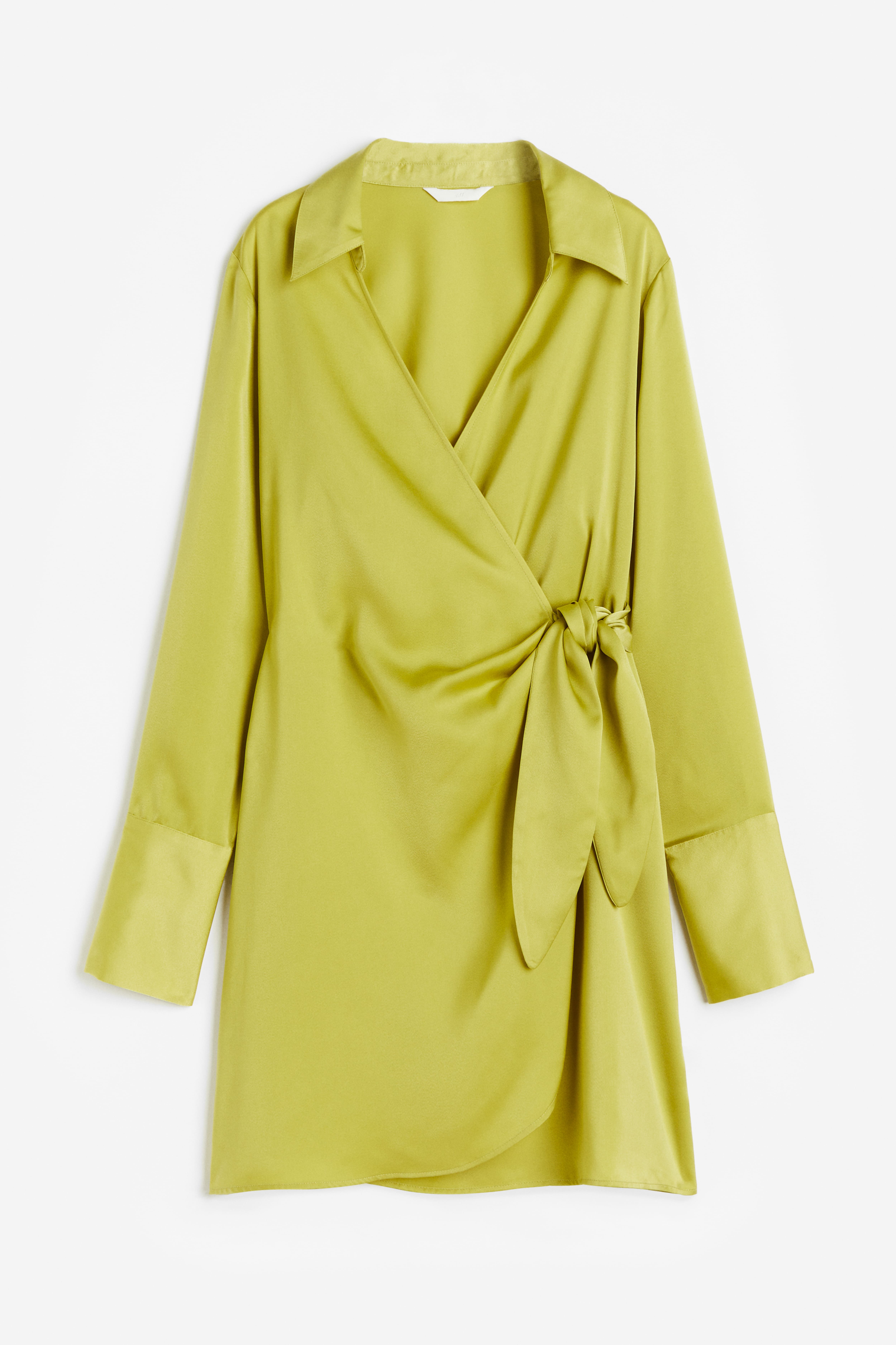 Satin Wrap Dress - V-neck - Long sleeve - Yellow-green - Ladies | H&M US