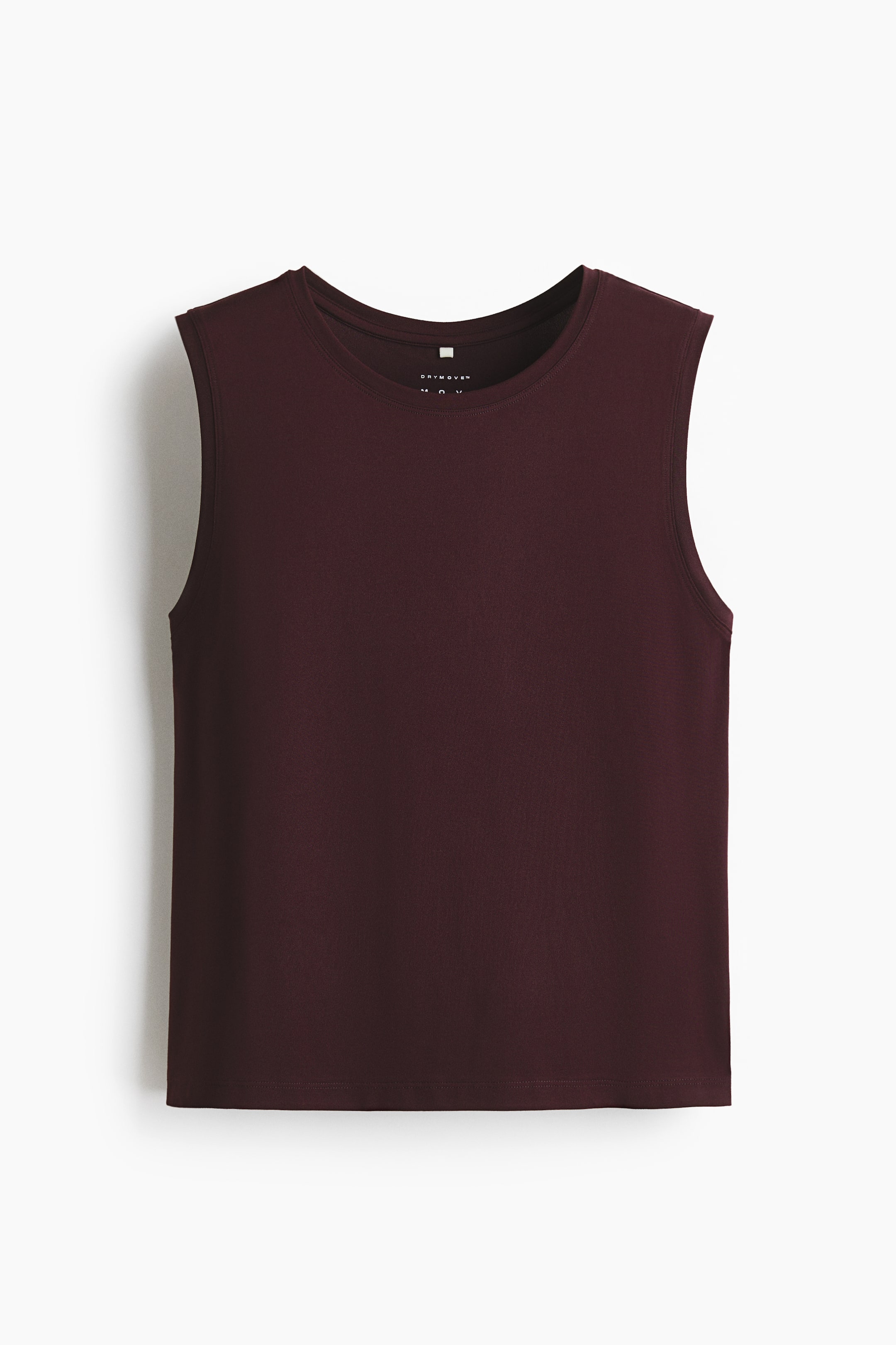 Ver imagen más grande: Un top de estilo deportivo de corte cuadrado yace plano, de frente, en un color burdeos oscuro. Presenta un escote redondo, sisas acabadas, un dobladillo recto y una etiqueta 'DRYMOVE' visible en la parte posterior del cuello.
