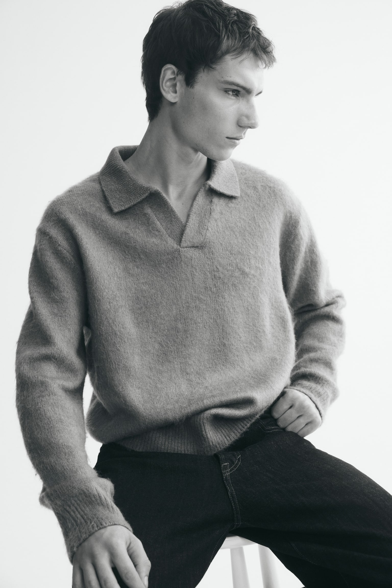 Мужской свитер H&M Relaxed-Fit Wool-Blend Polo Sweater, цвет: Тёмный бежевый — фото 3