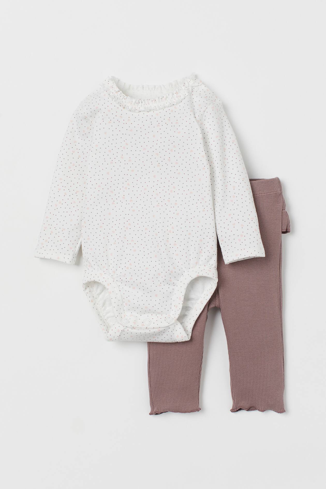 2-piece Cotton Set - Round Neck - Long sleeve - Dusky pink/hearts ...