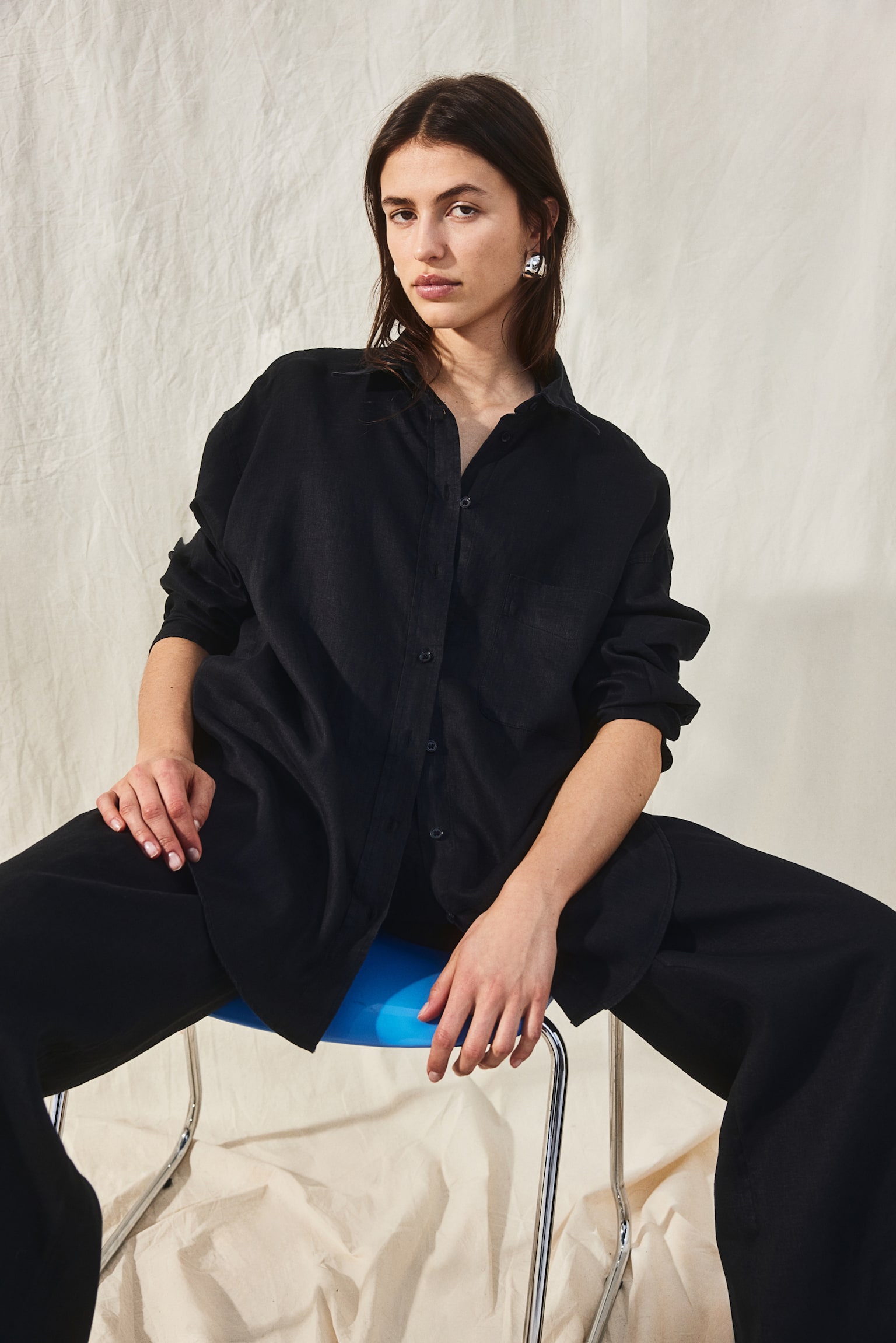 Oversized linen shirt - Black/Dark khaki green/White/Light pink - 3