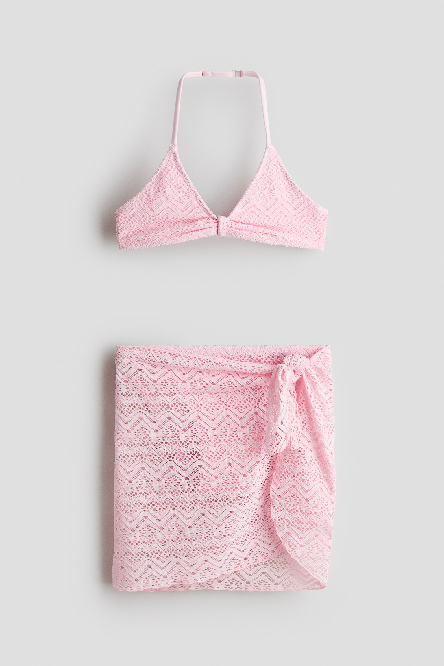 3-piece crochet-look swim set - Light pink/White