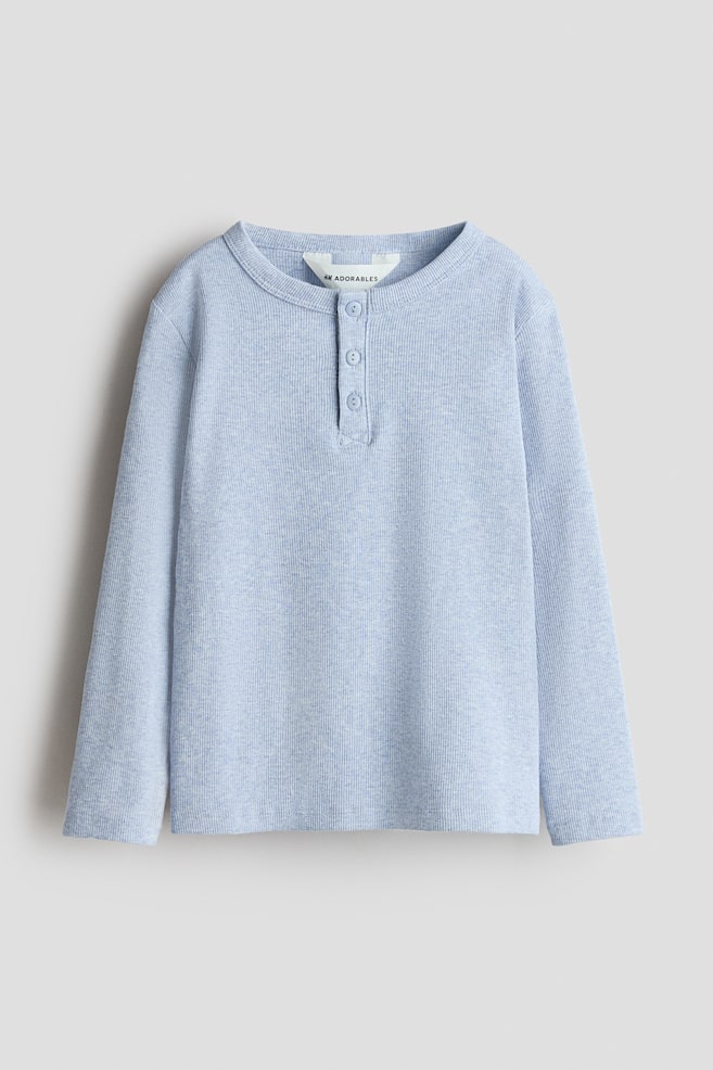 Cotton Henley Shirt - Light blue/Dark beige/White - 1