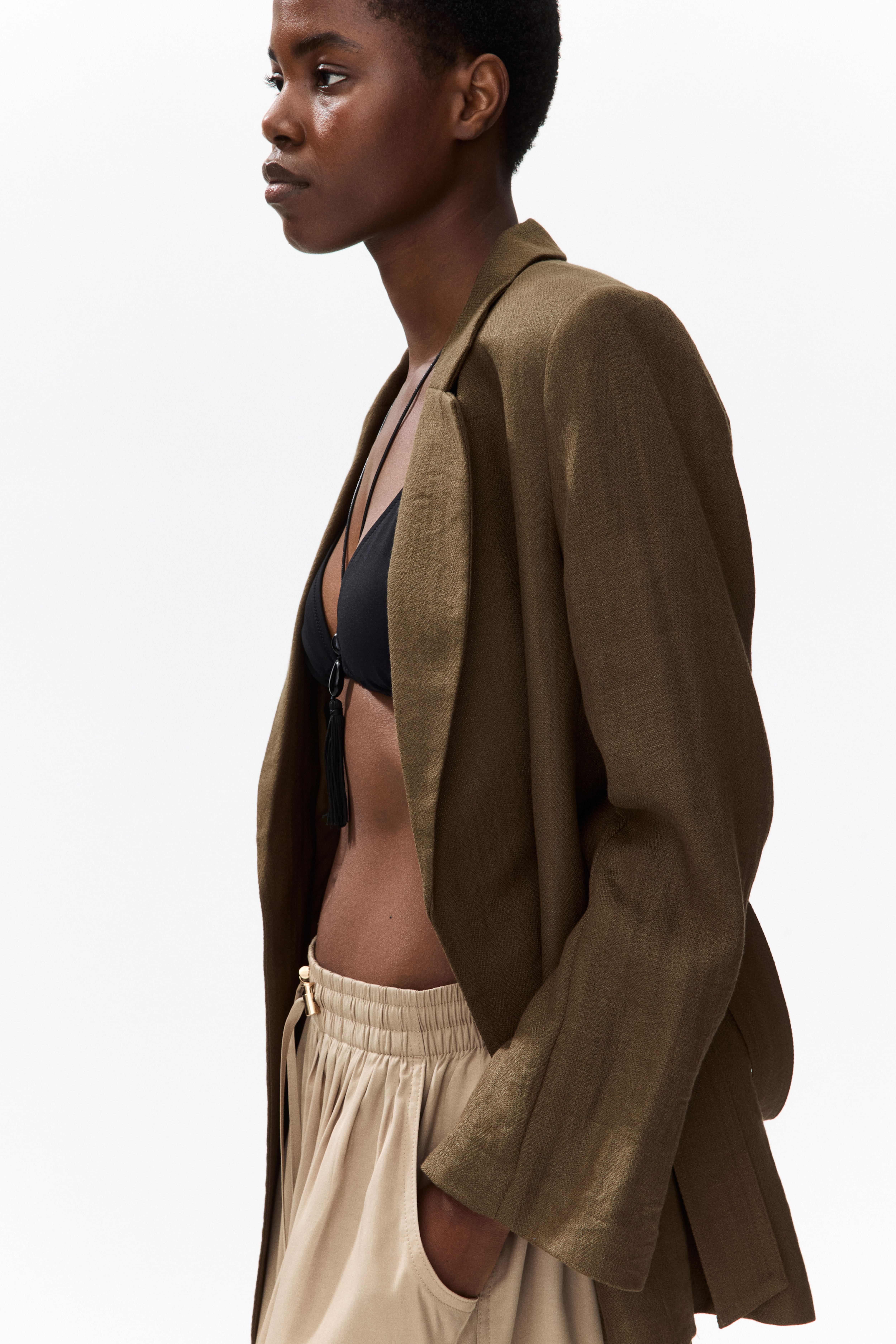 Textured-Weave Tie-Belt Blazer
