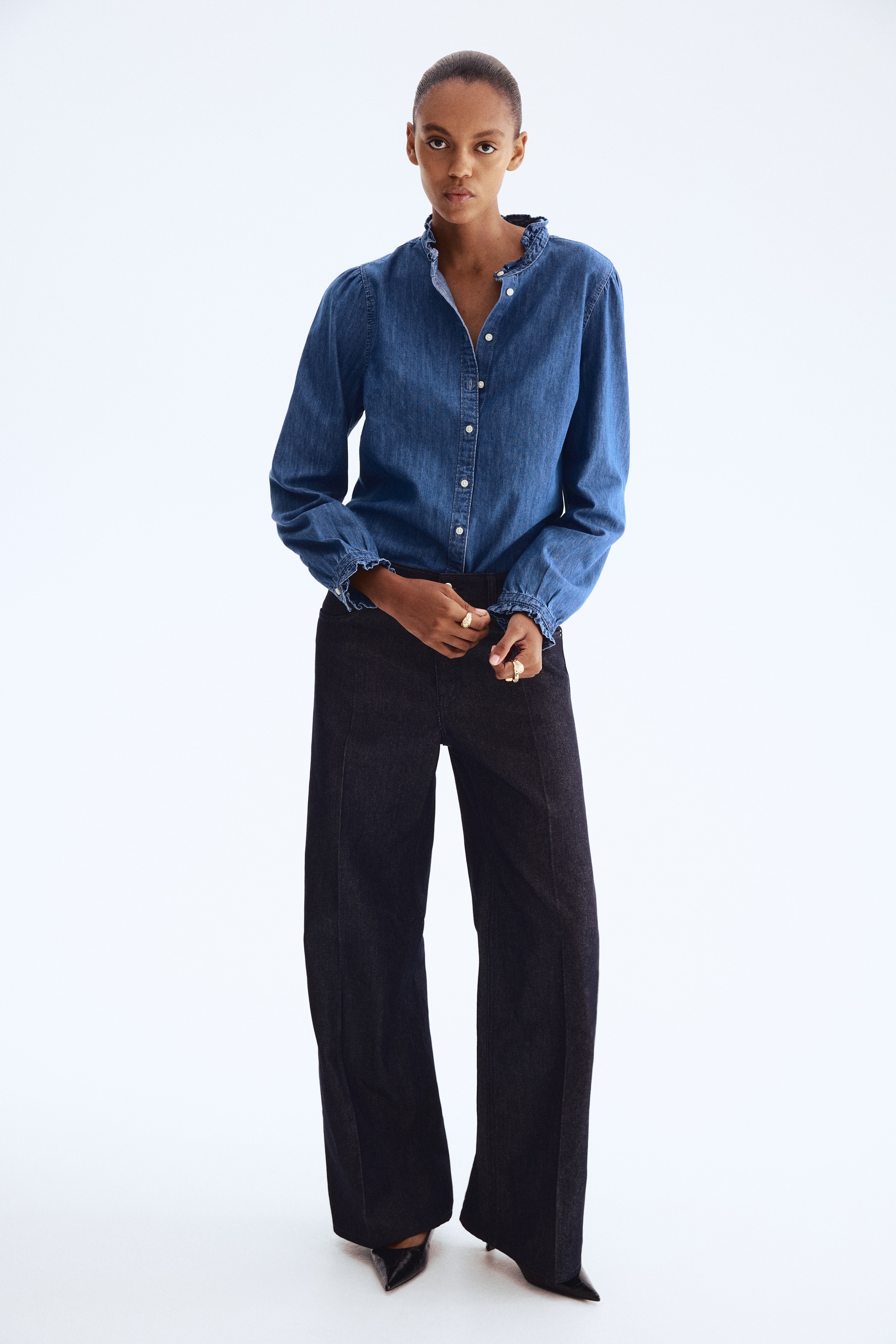 Frill-trimmed denim blouse