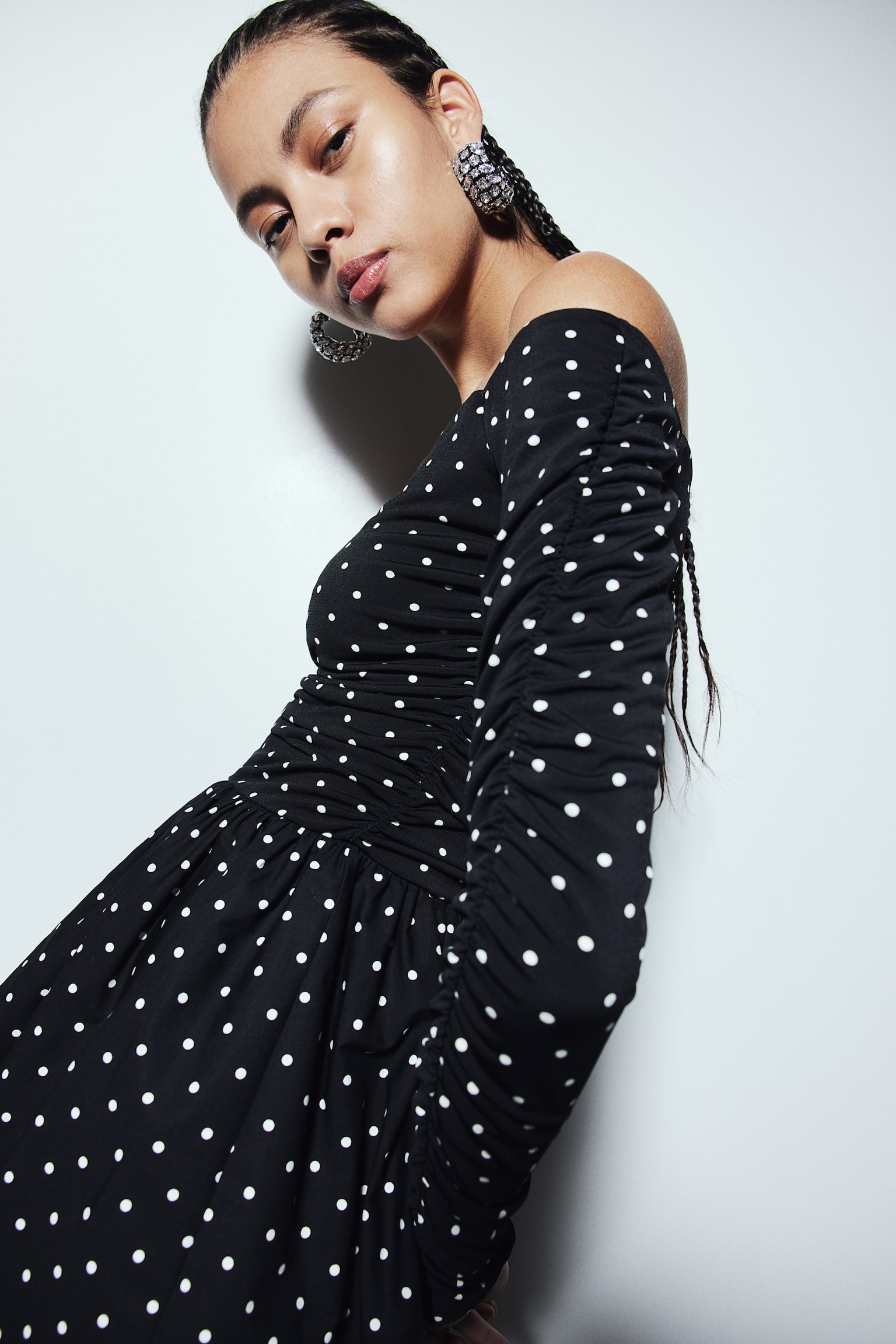 Gathered Off The Shoulder Dress - Black/Spot - 4