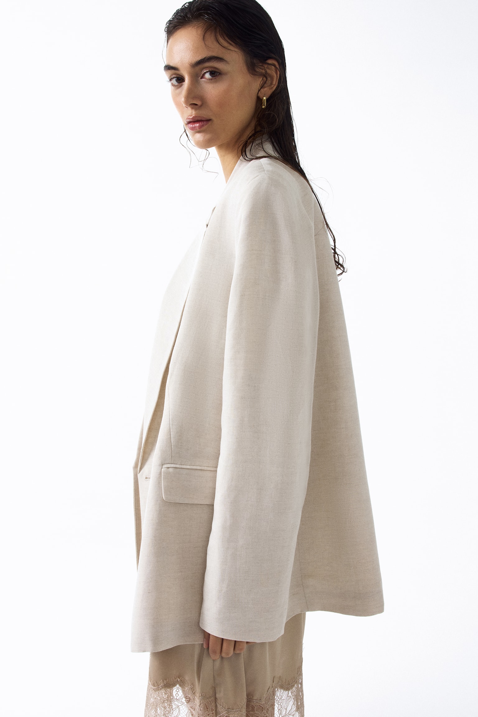 Linen-blend double-breasted blazer - Light beige - 1