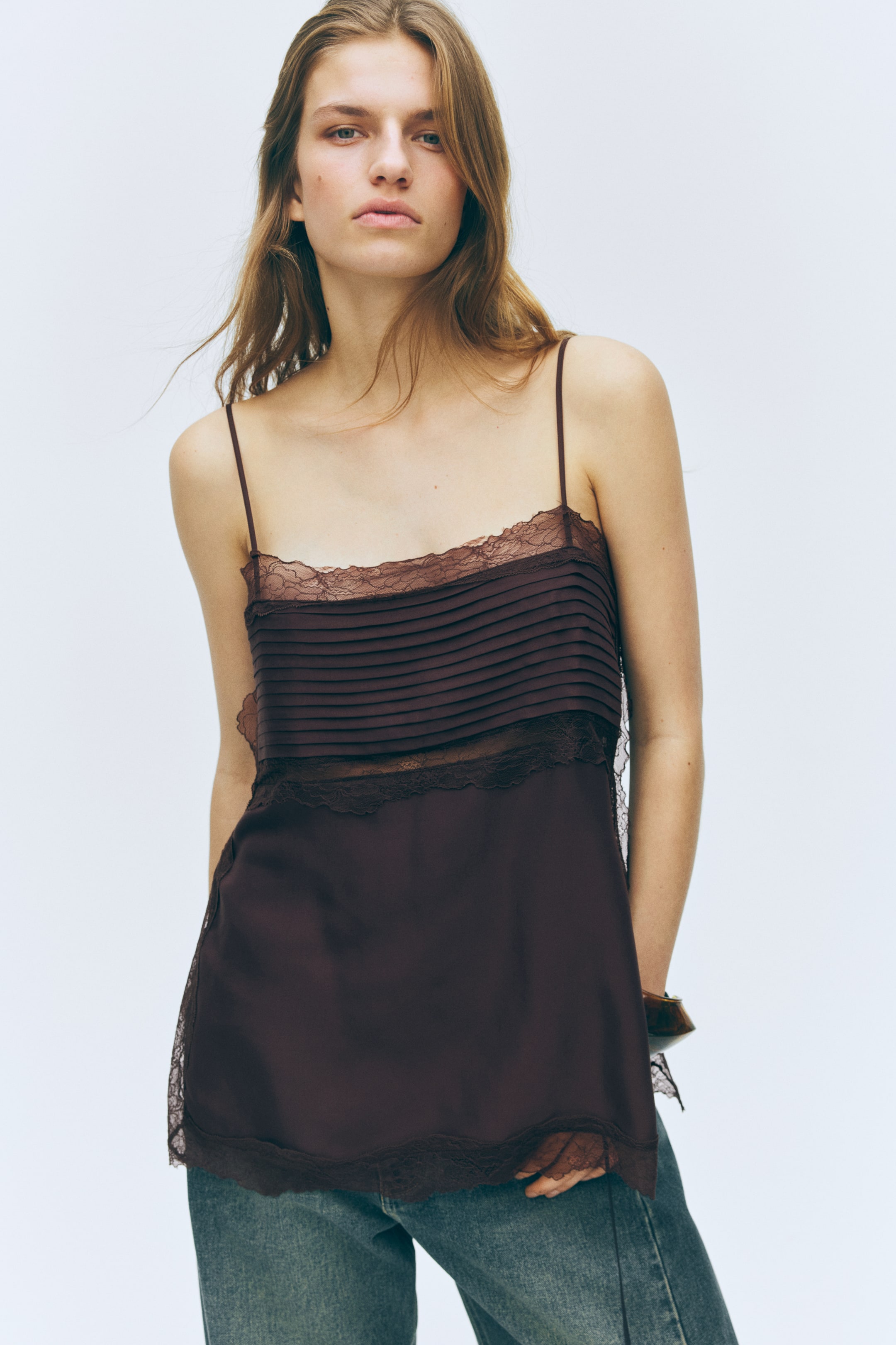 View larger image: Lace-trimmed strappy top - Dark brown - Ladies | H&M GB 4