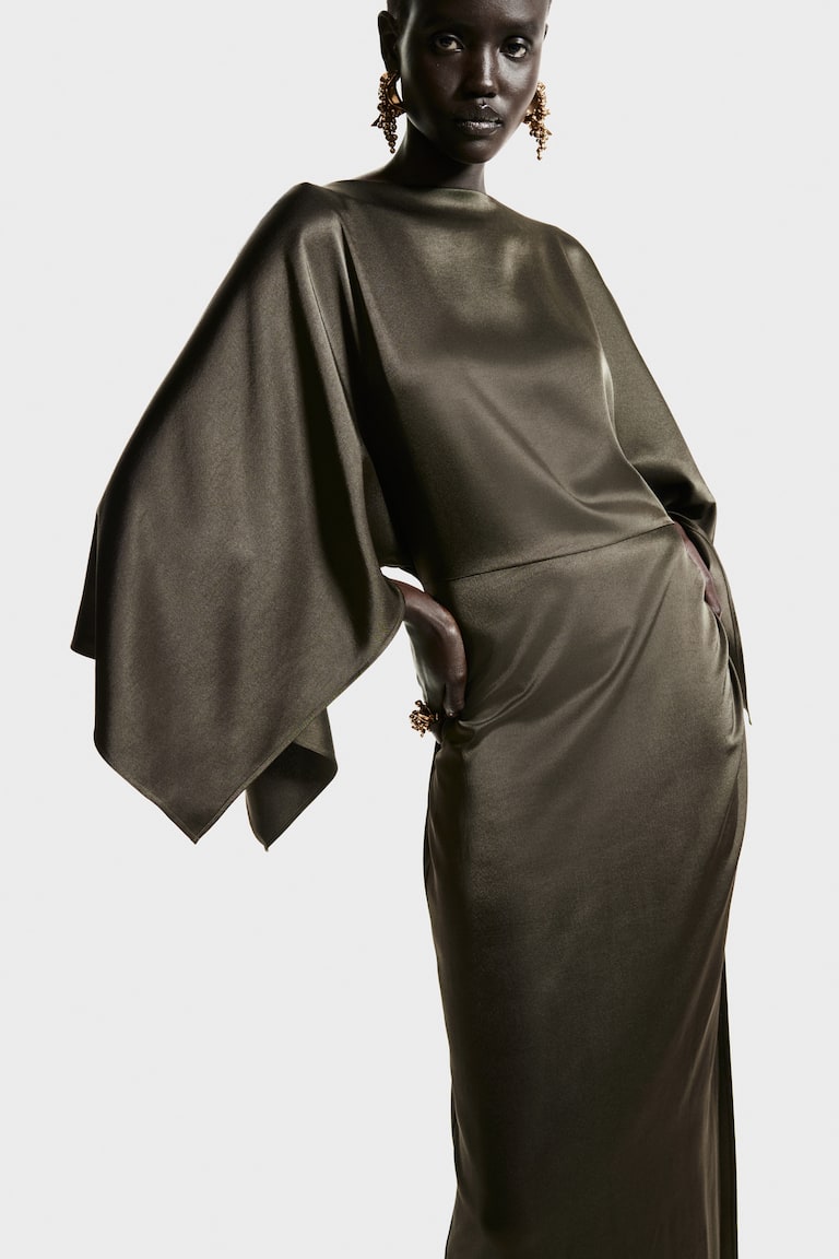 Women's Dark green Satin Cape Dress