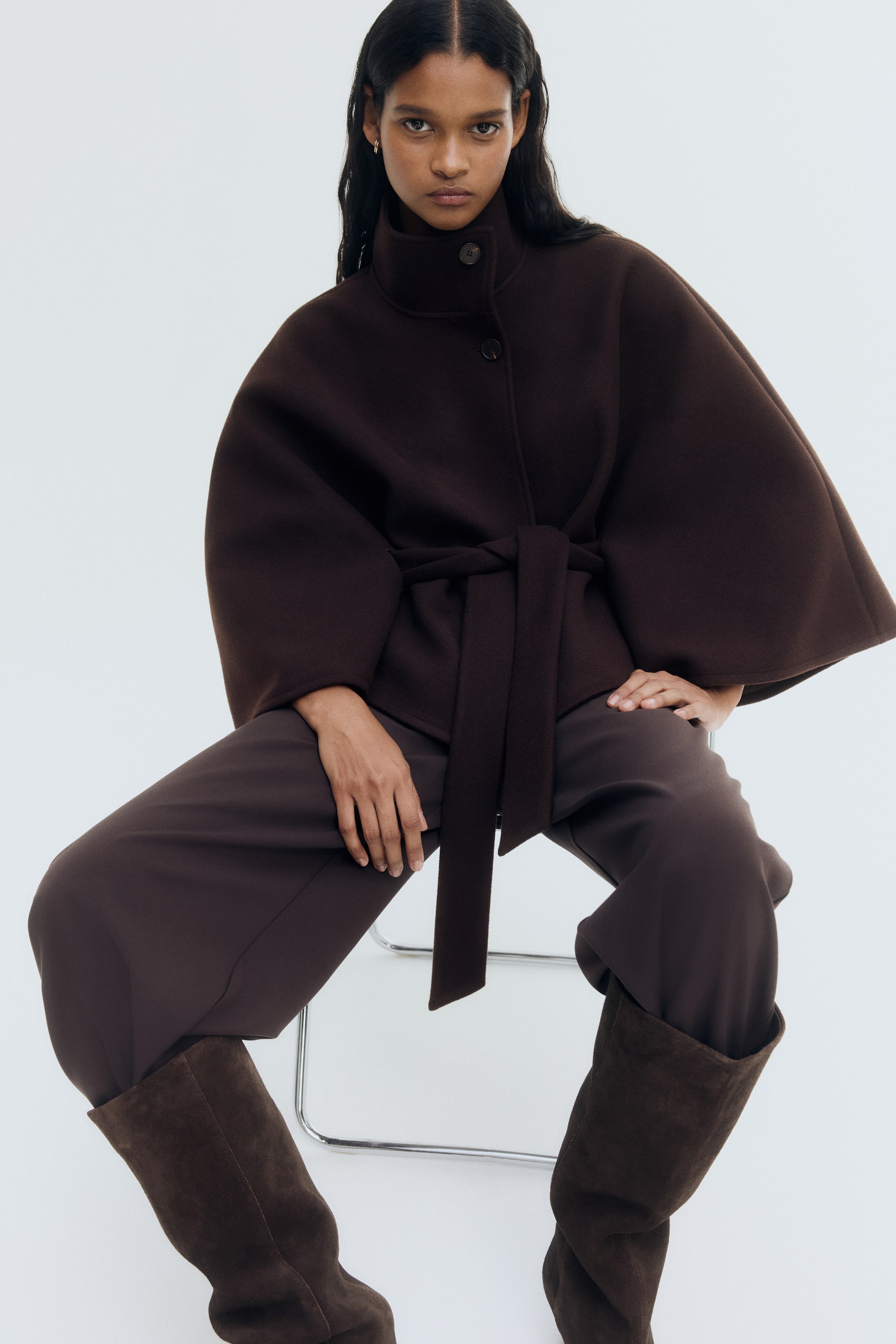 View larger image: Belted cape coat - Dark brown - Ladies | H&M 2