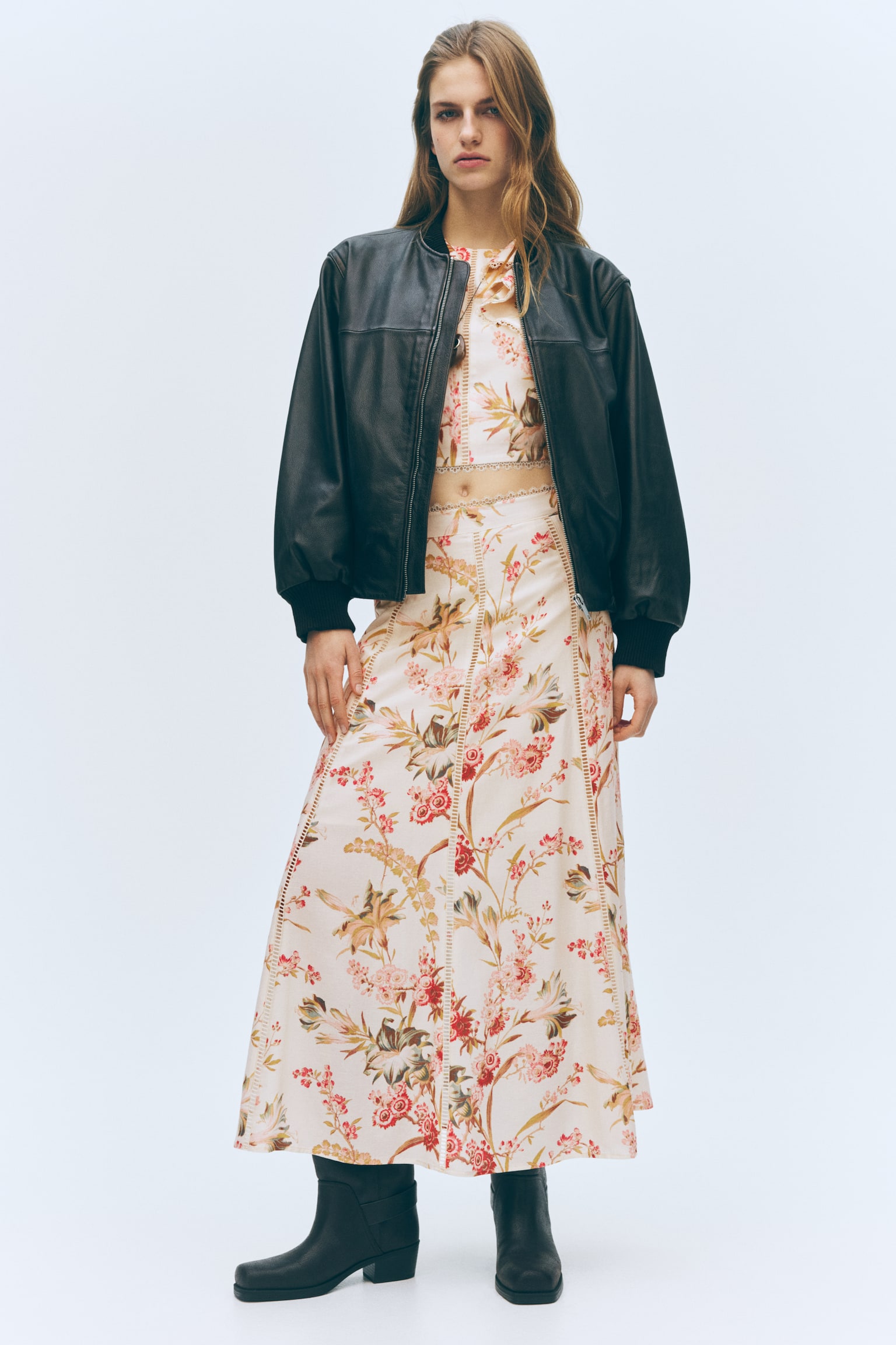 Linen-blend skirt - Light beige/Floral - 5