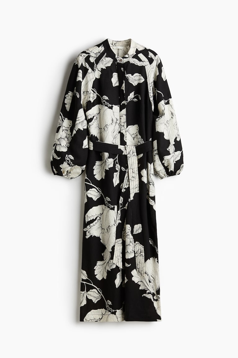 Women's Black/white floral Linen-Blend Tie-Belt Dress | H&M US Women's Black/white floral Linen-Blend Tie-Belt Dress | H&M US
