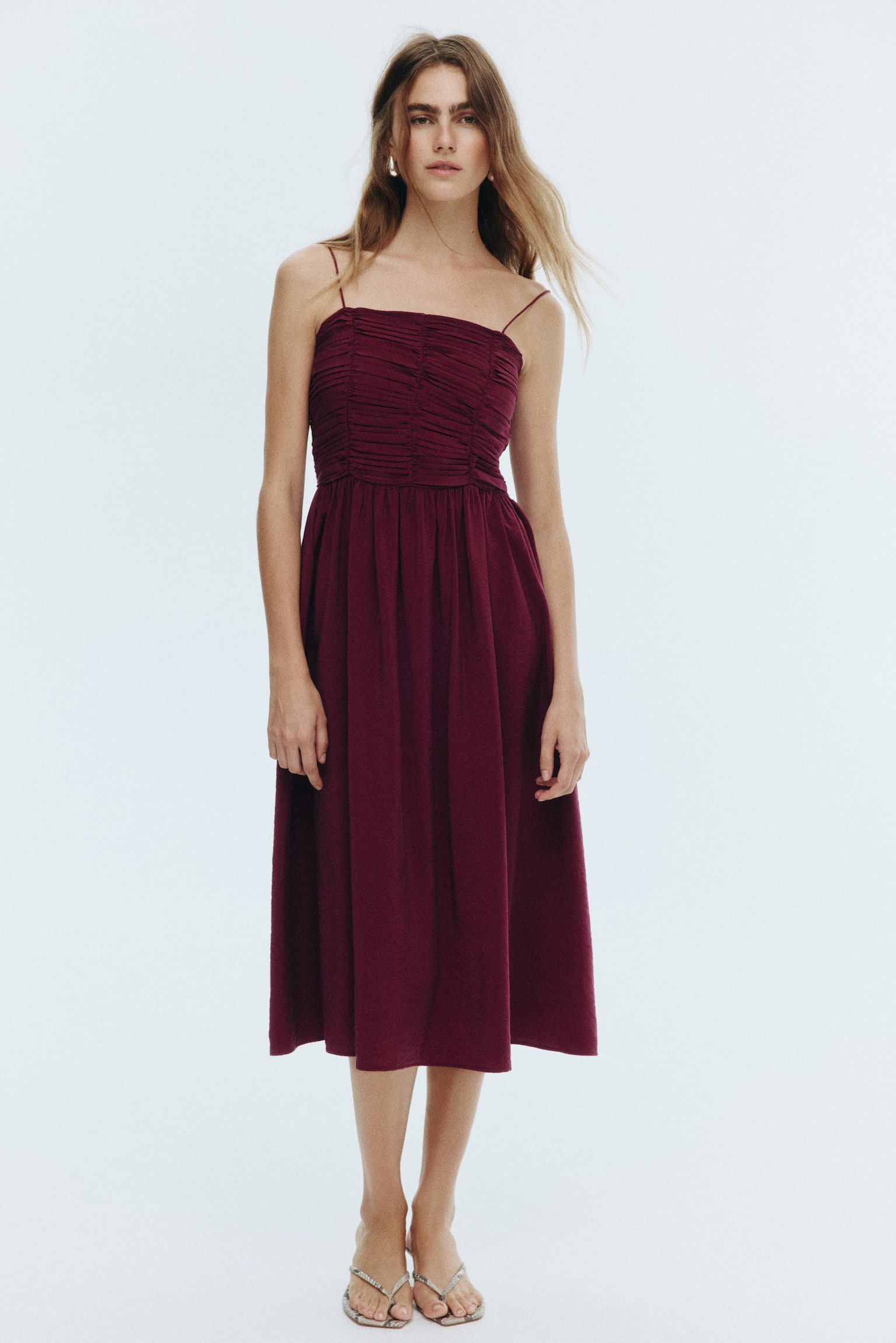 縮褶胸衣細肩帶洋裝 - 酒紅色 - 3