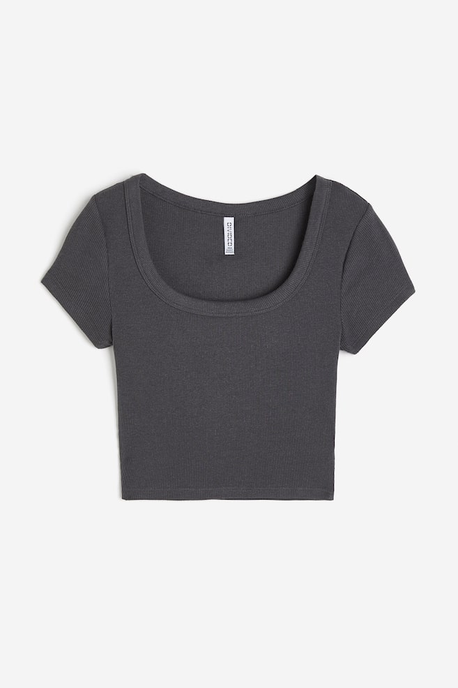 Cropped ribbet T-shirt - Mørkegrå/Hvid/Sort/Lys gråbeige - 2